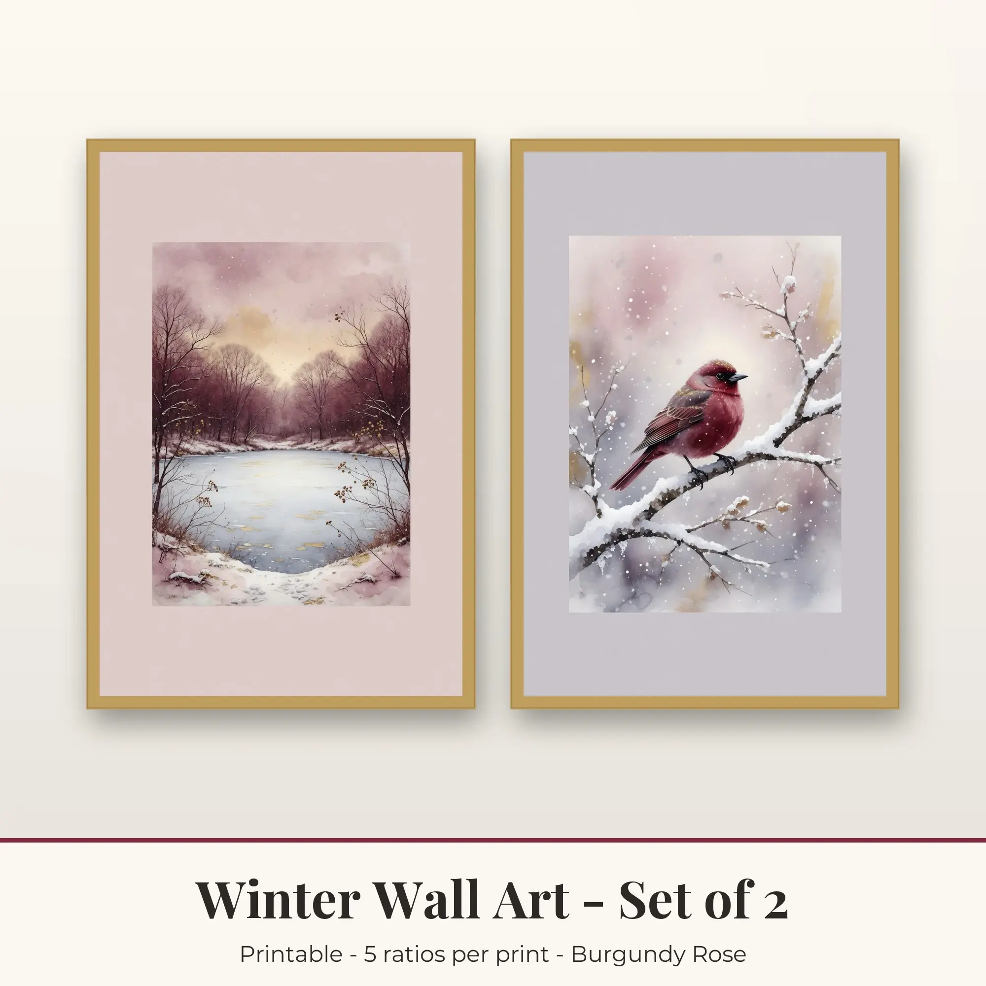 Winter Printable Art Set of 2: Skating Pond and Cardinal Branch preview
