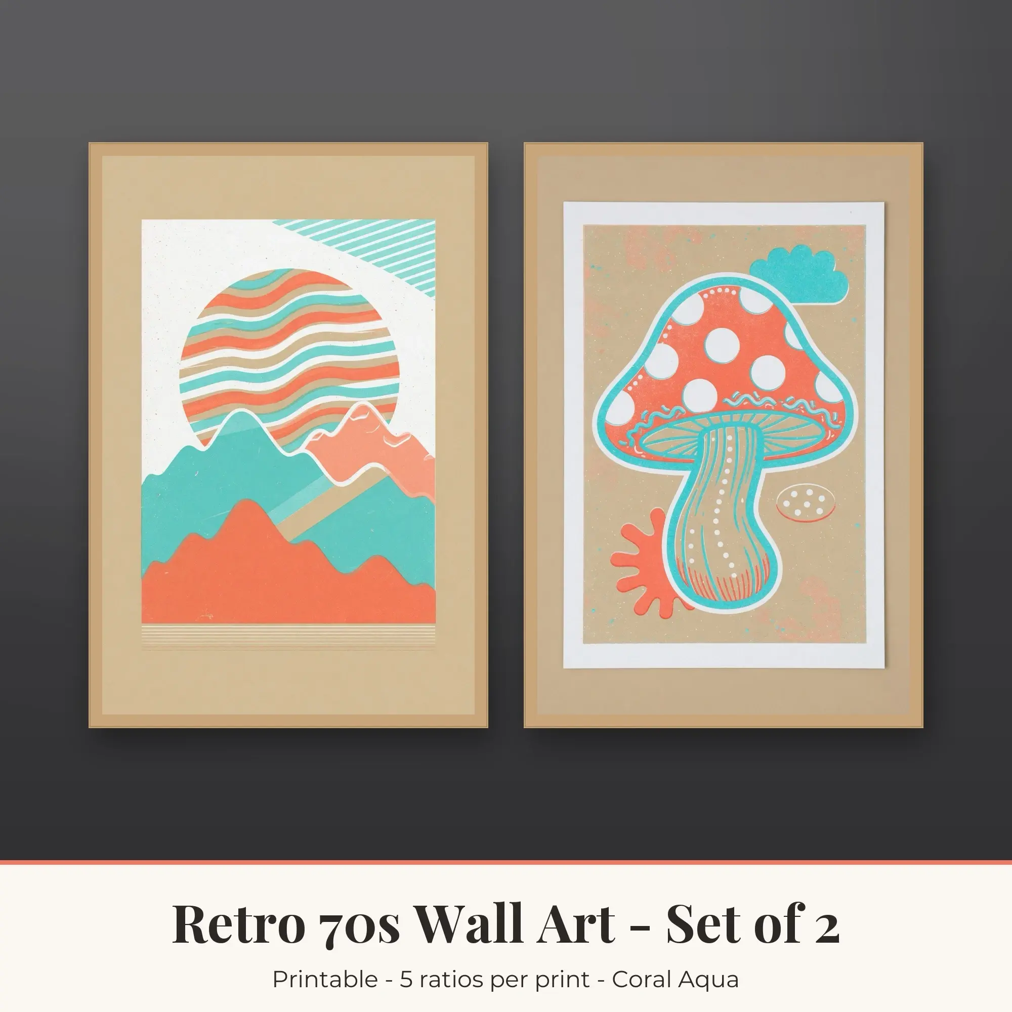 Retro 70s Printable Art Set of 2: Retro Mountains and Mushroom Retro preview