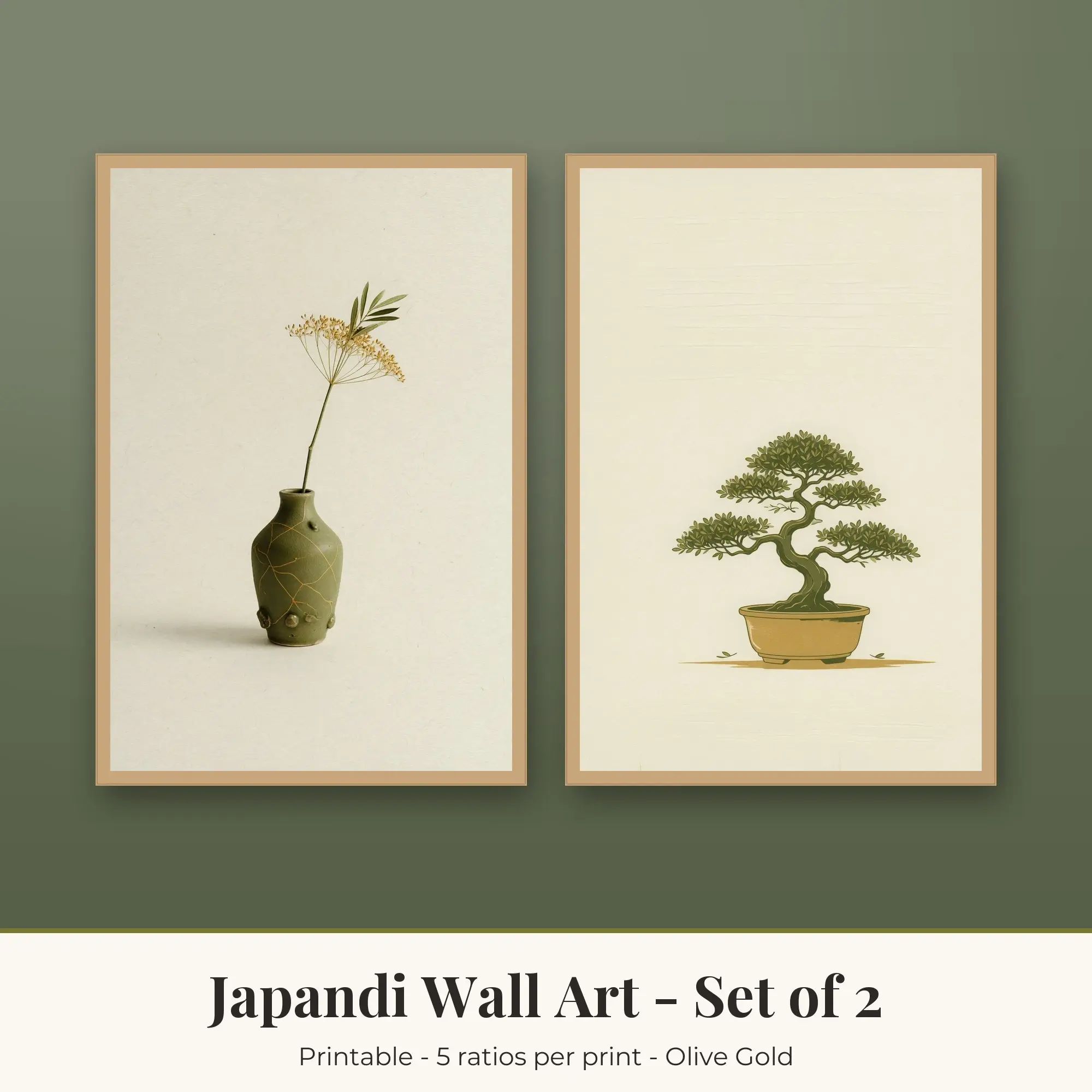 Ceramic Vase and Bonsai Wall Art Set of 2 | Japandi Digital Prints preview