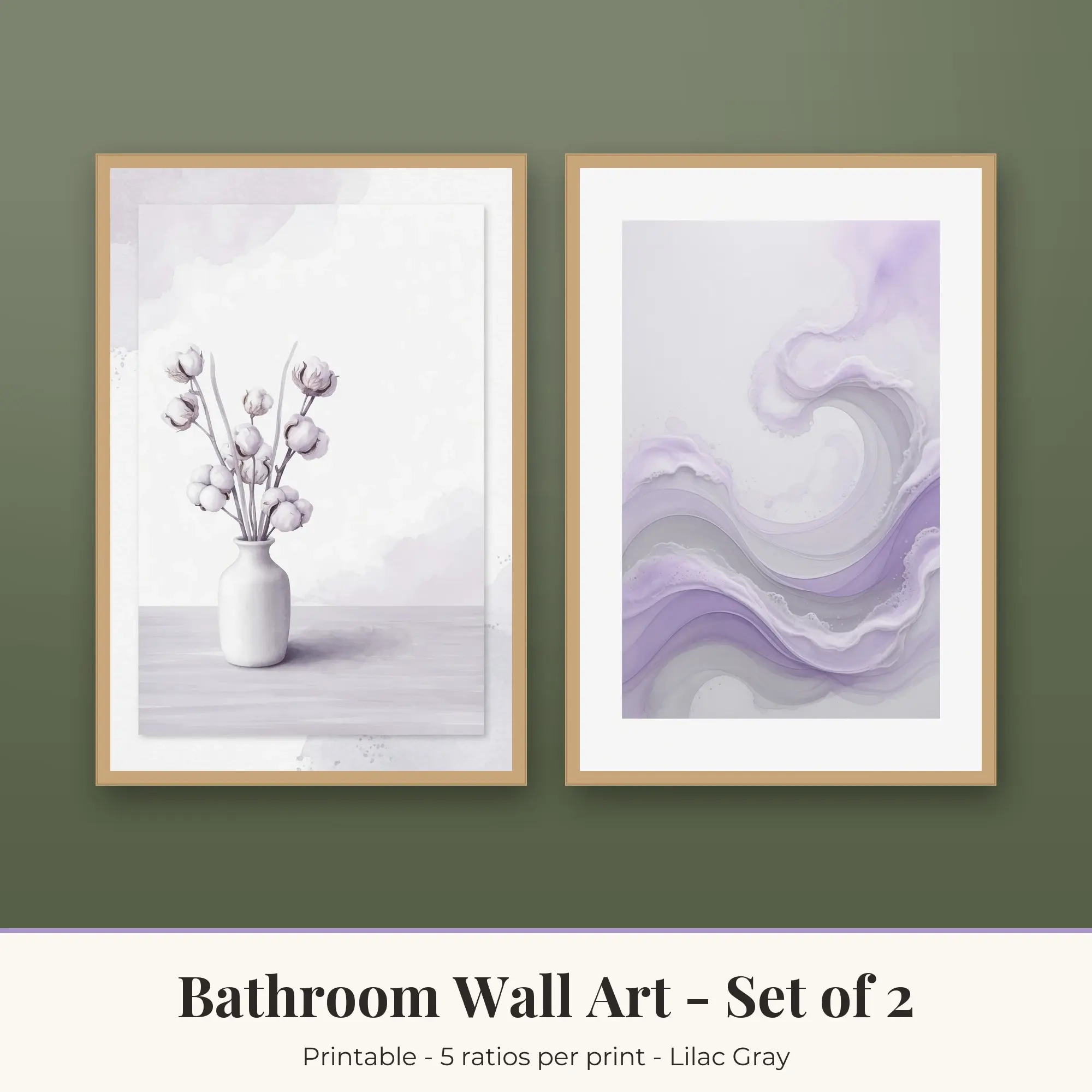 Bathroom Wall Art Set of 2, Lilac Gray Cotton Stems & Sea Foam preview