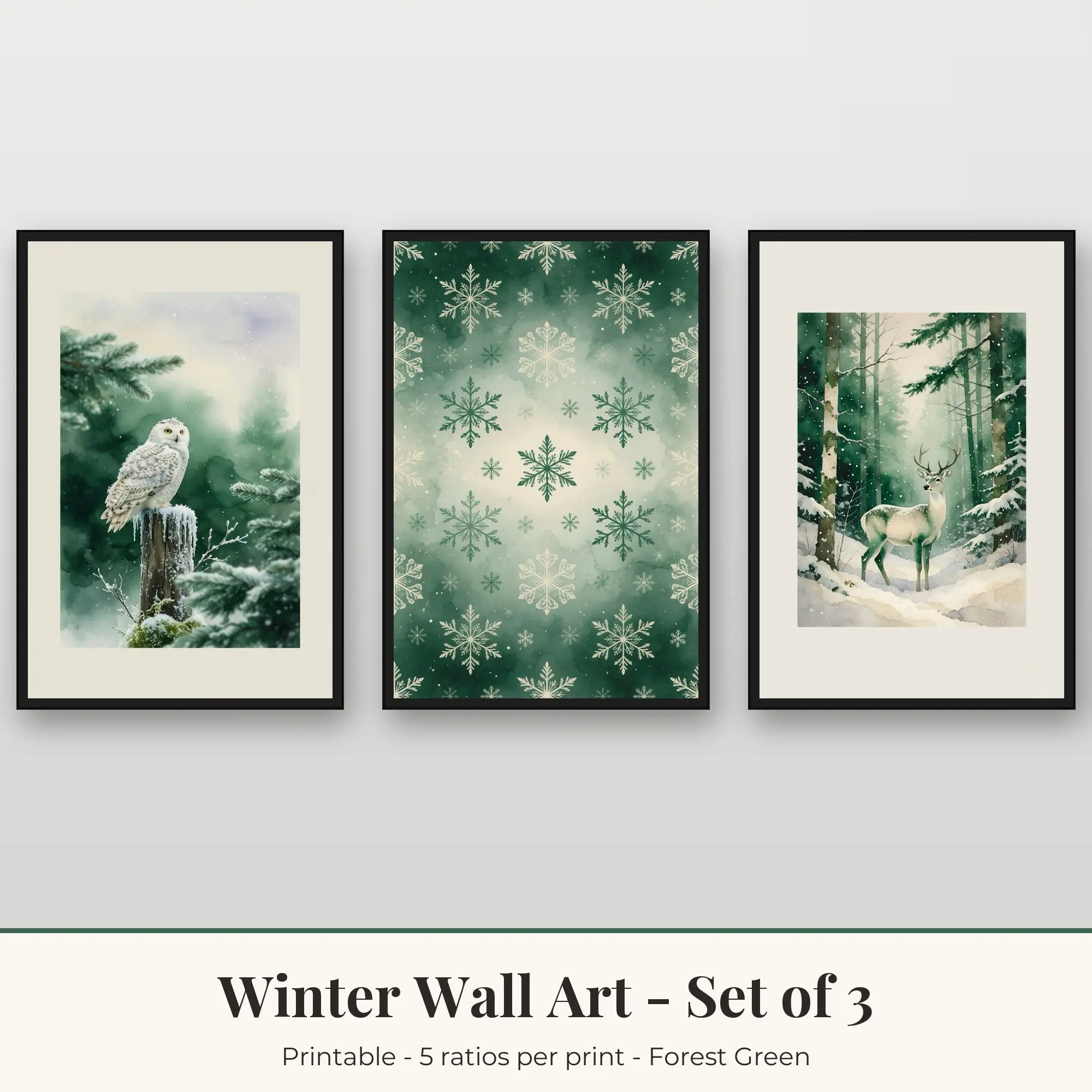 Winter Printable Art Set of 3: Snowy Owl, Snowflakes & Frosted Deer preview