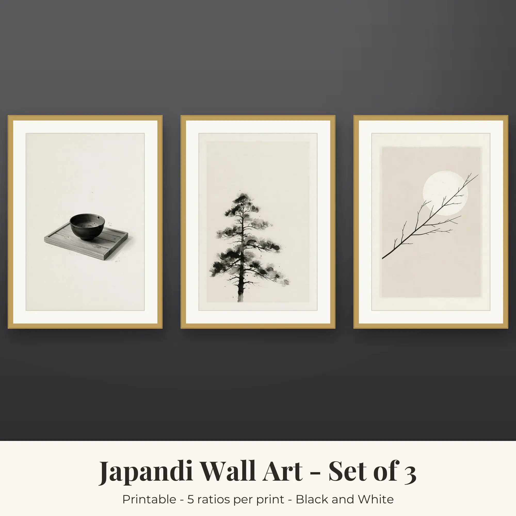 Japandi Wall Art Set of 3, Black and White Tea Bowl & Pine Silhouette preview