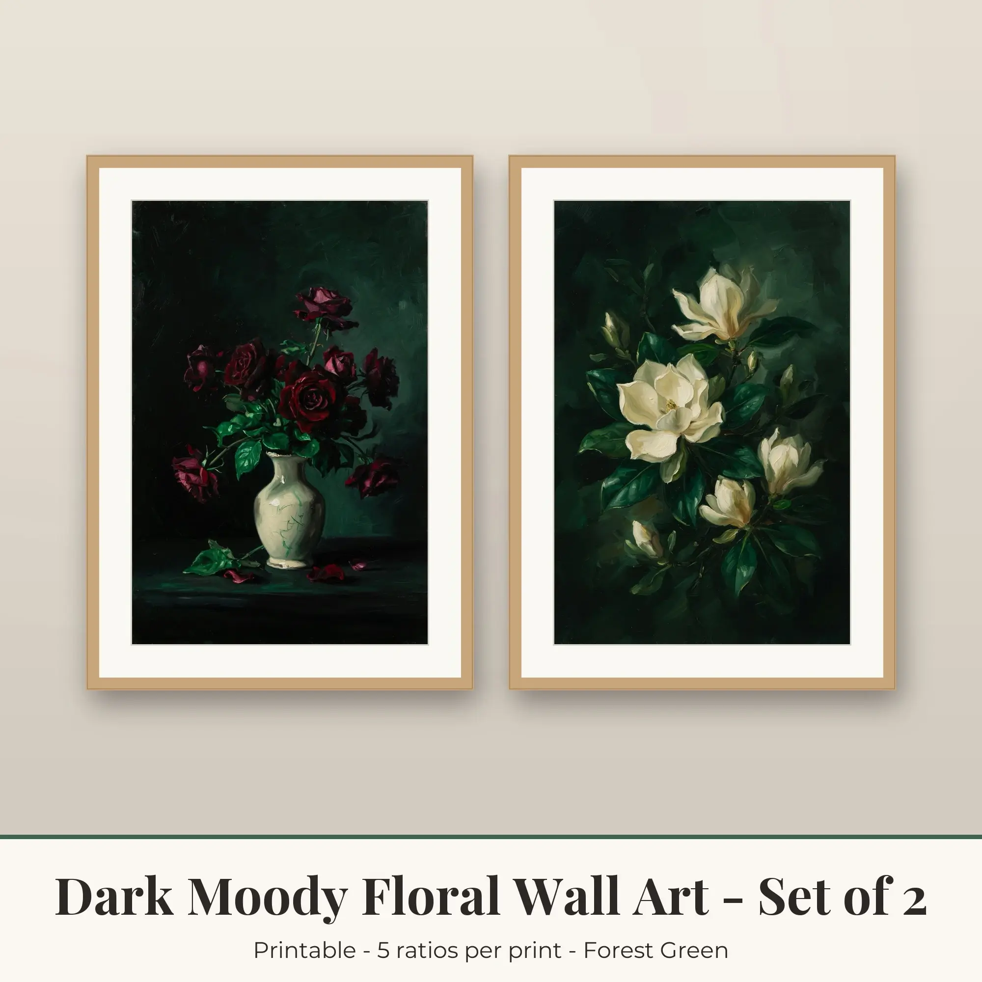 Dark Moody Floral Set of 2: Magnolia Night, Forest Green preview