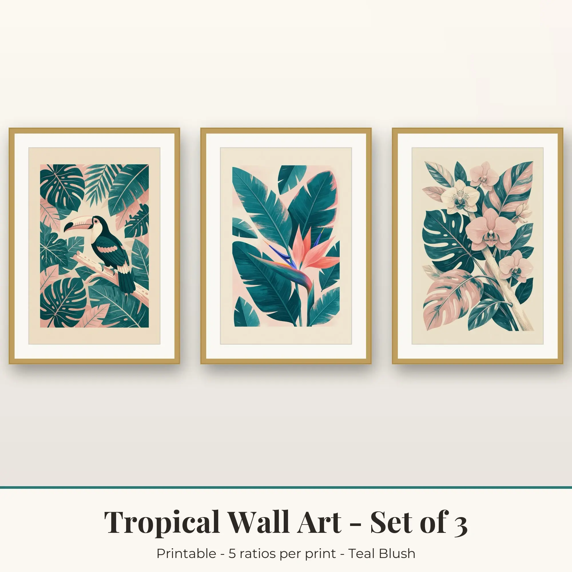 Tropical Wall Art Set of 3, Teal Blush Toucan & Bird of Paradise preview
