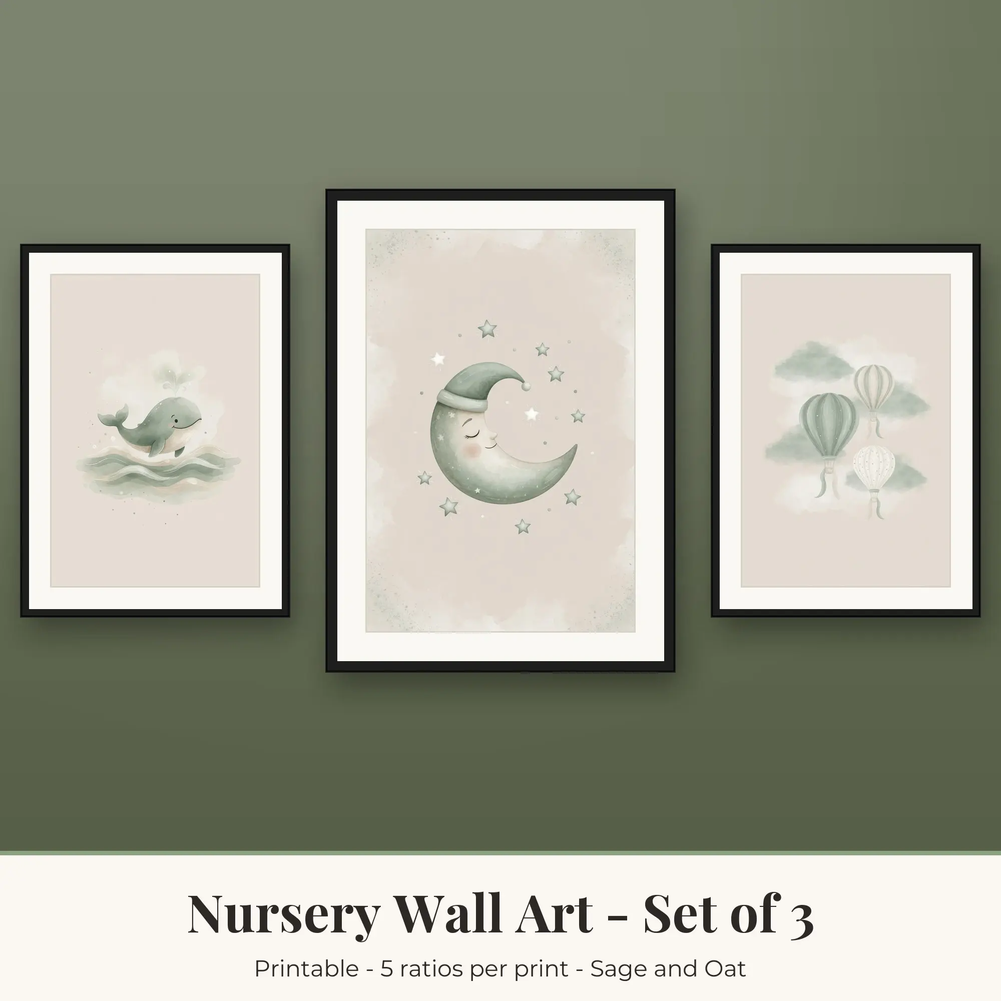 Nursery Wall Art Set of 3, Sage and Oat Whale and Waves & Starry Moon preview
