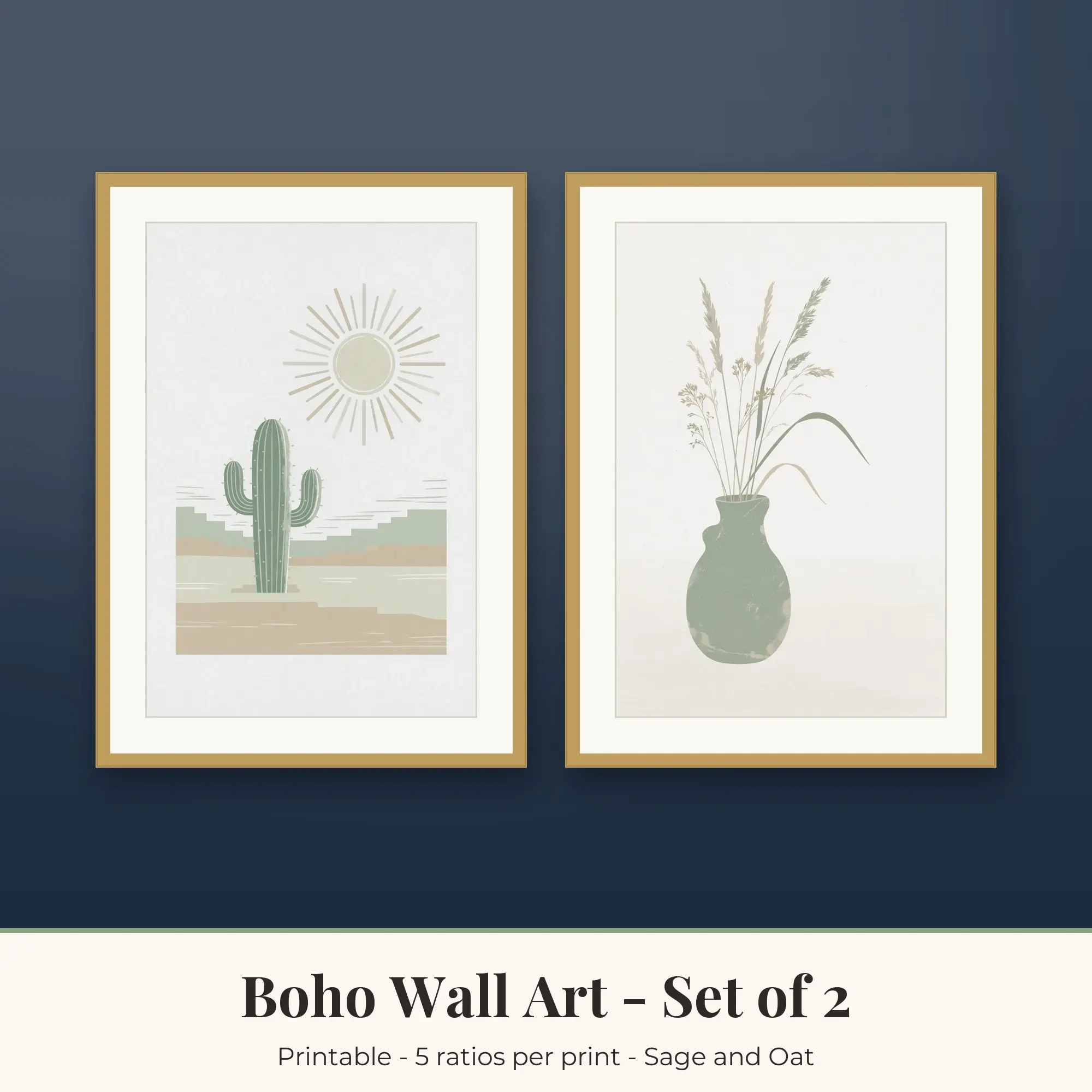 Boho Wall Art Set of 2, Sage and Oat Desert Cactus & Boho Vase preview