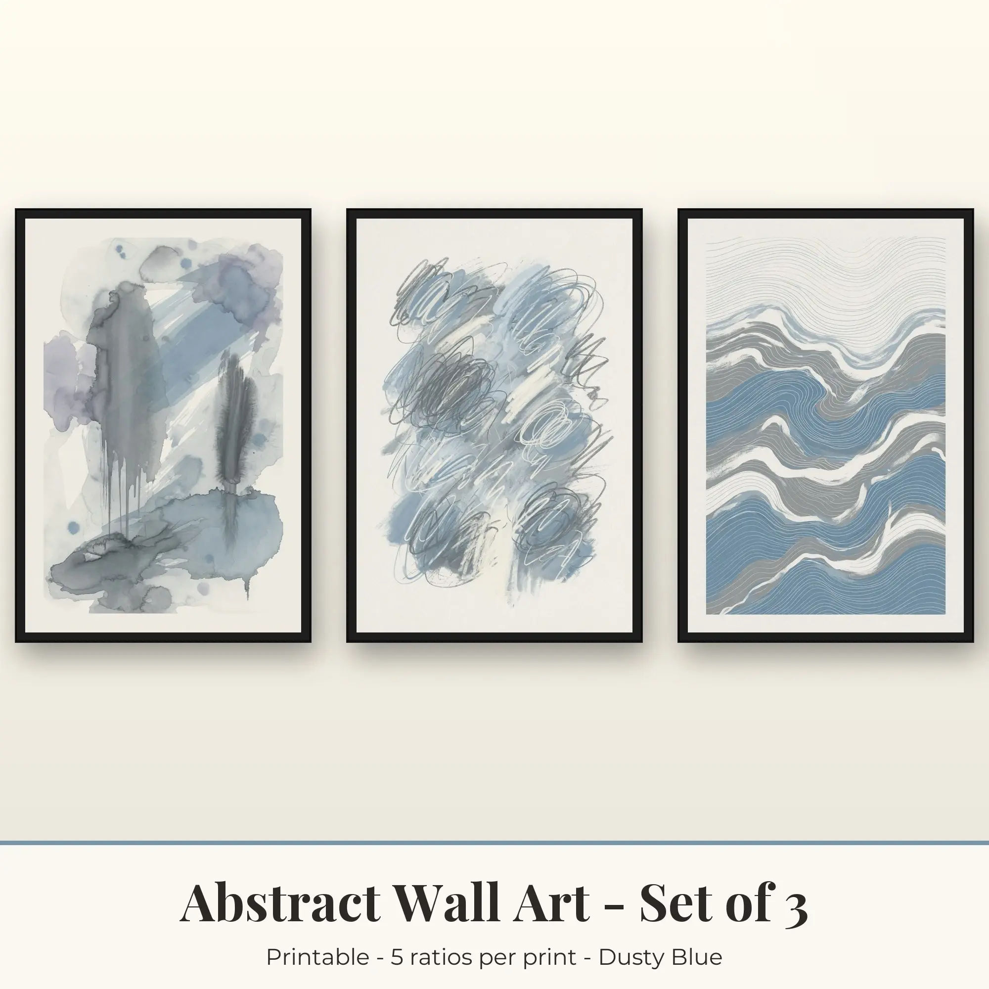 Abstract Wall Art Set of 3, Dusty Blue Ink Wash & Scribble Lines preview
