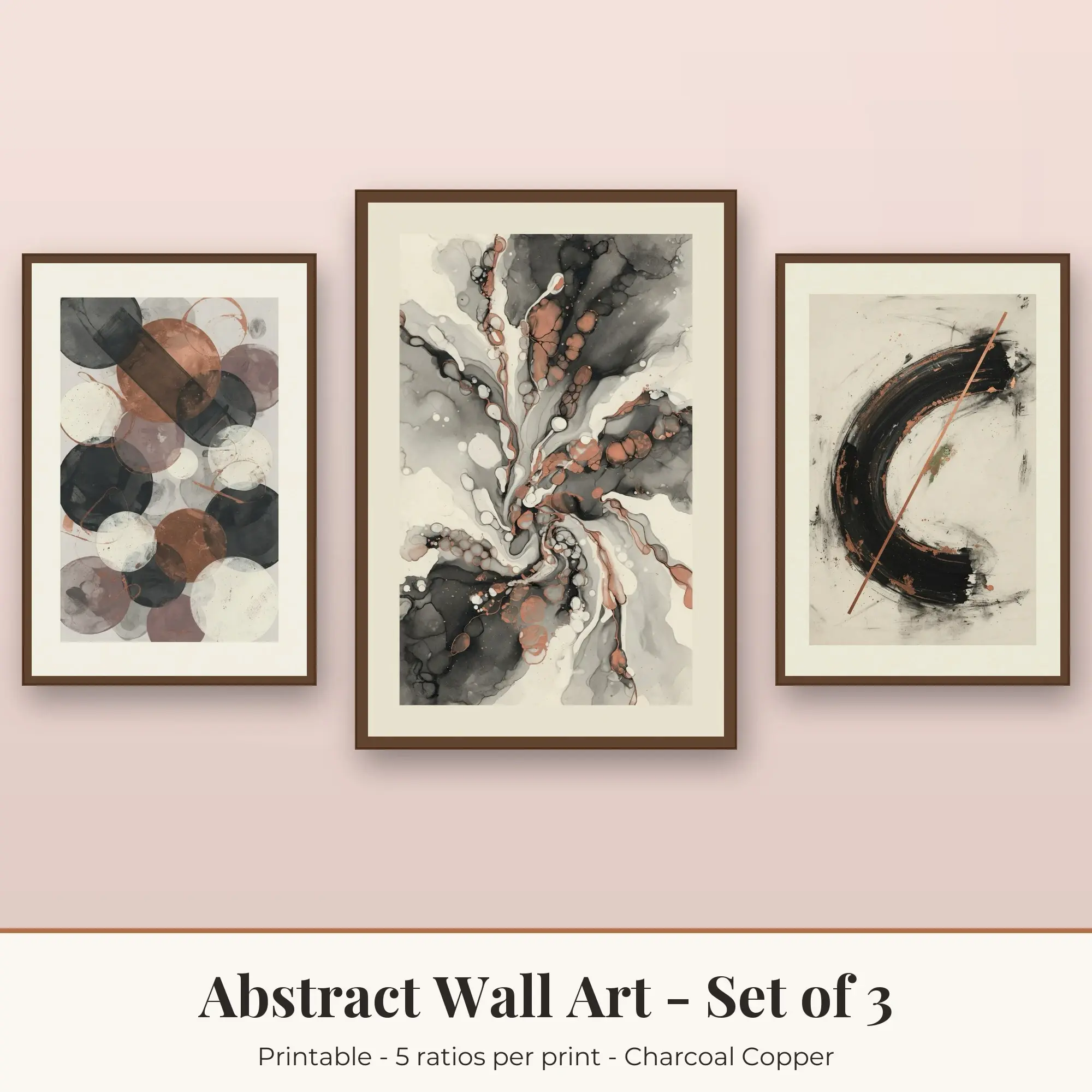 Abstract Wall Art Set of 3, Charcoal Copper Circles & Fluid Art preview