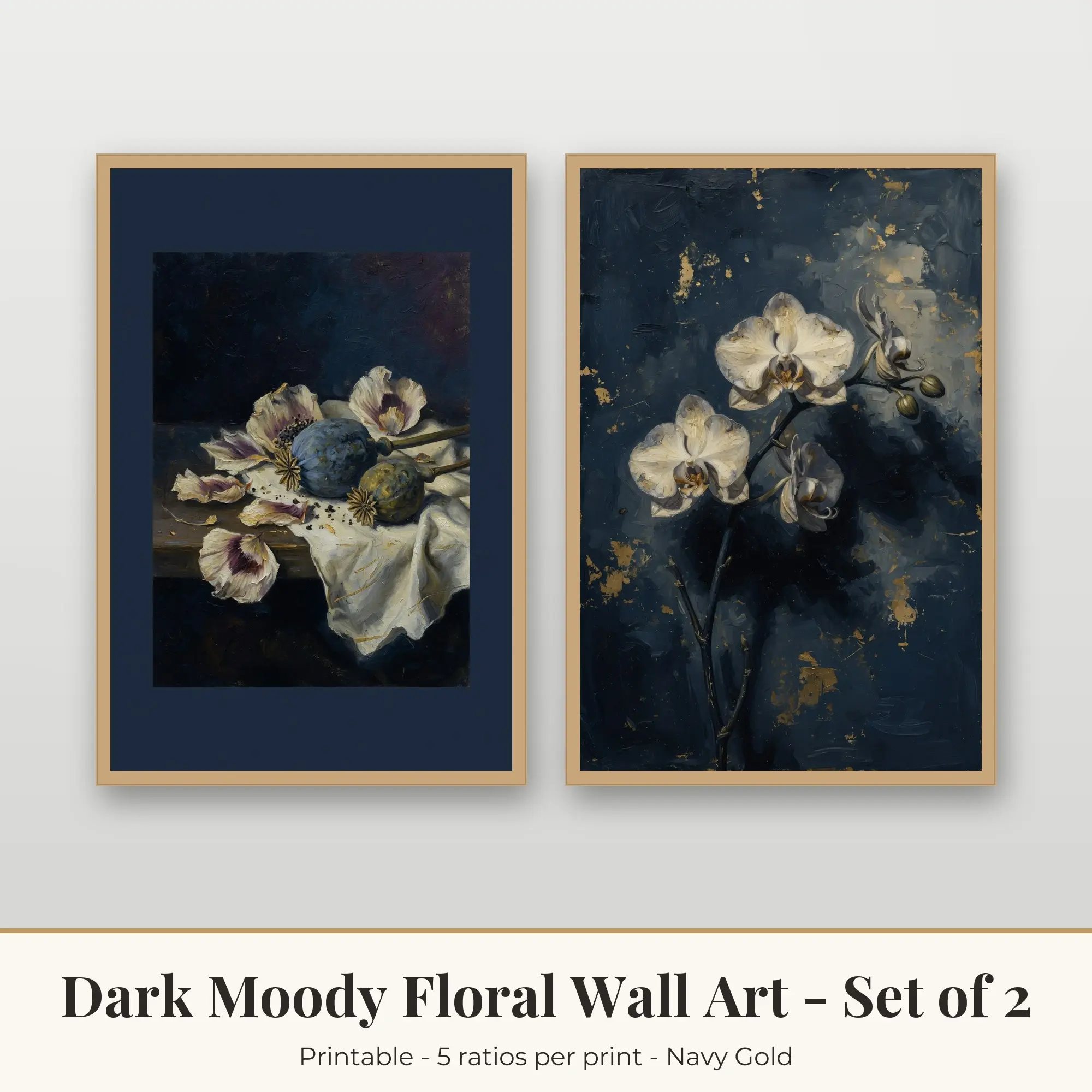 Dark Moody Floral Printable Art Set of 2: Poppy Pods and Orchid Shadow preview