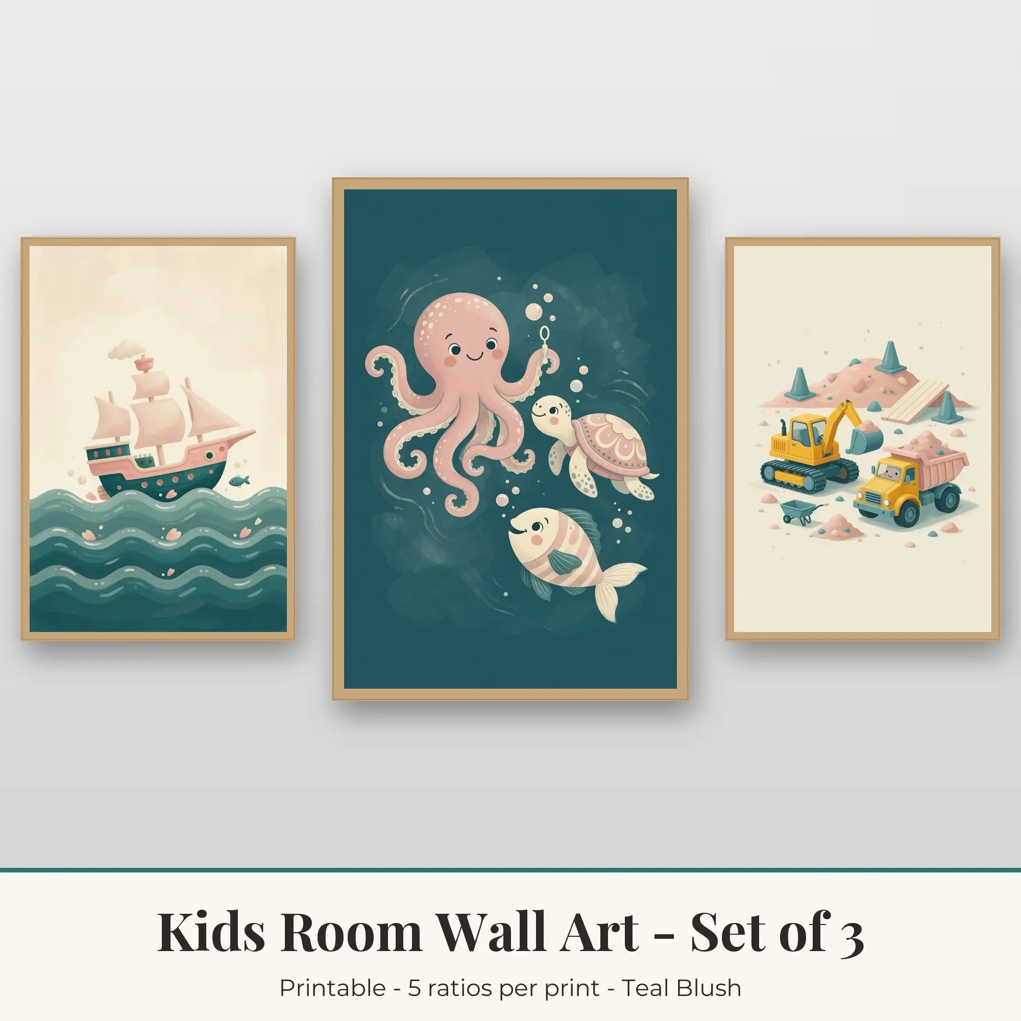 Kids Room Wall Art Set of 3, Teal Blush Pirate Ship & Ocean Friends preview