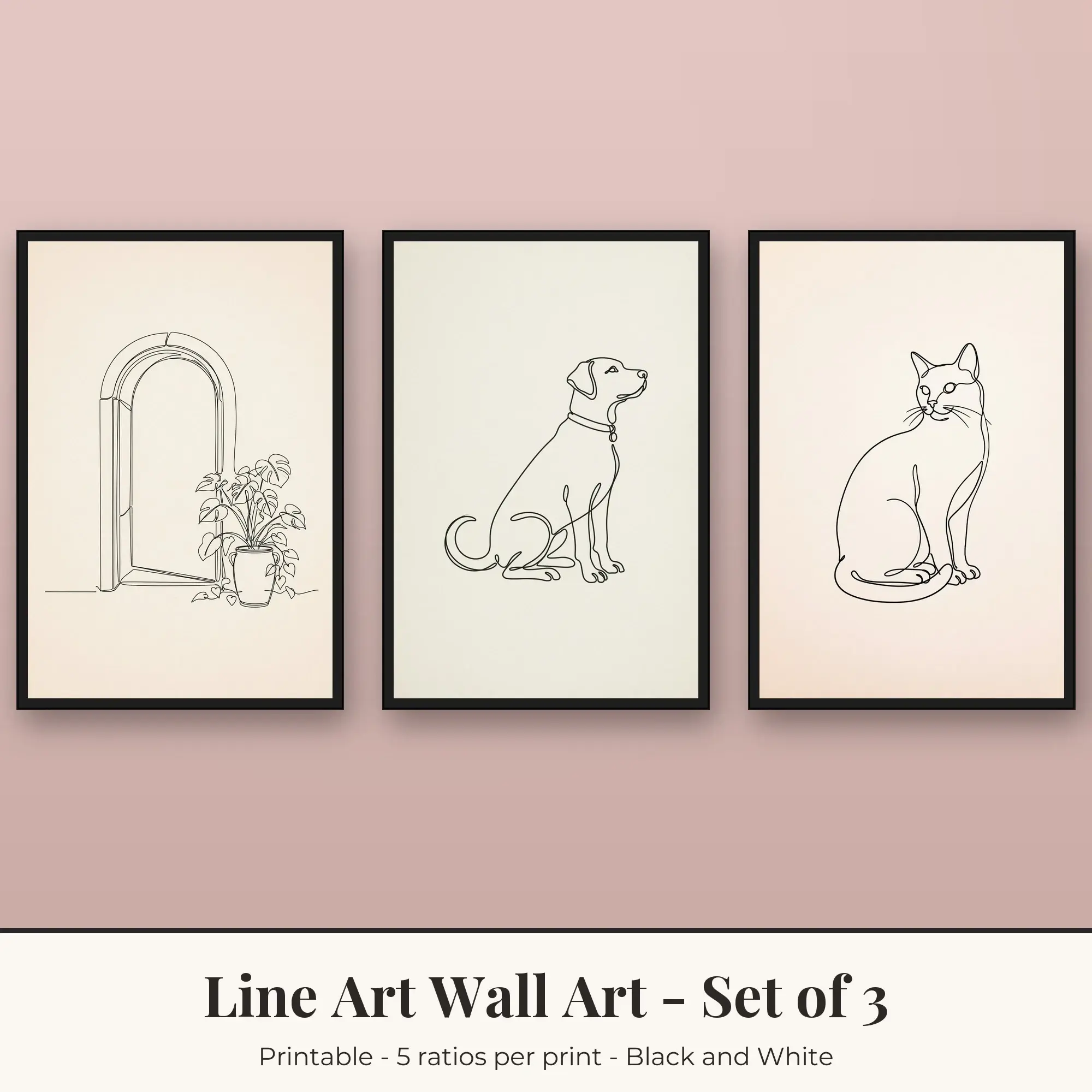 Line Art Set of 3: Sitting Cat, Black and White preview