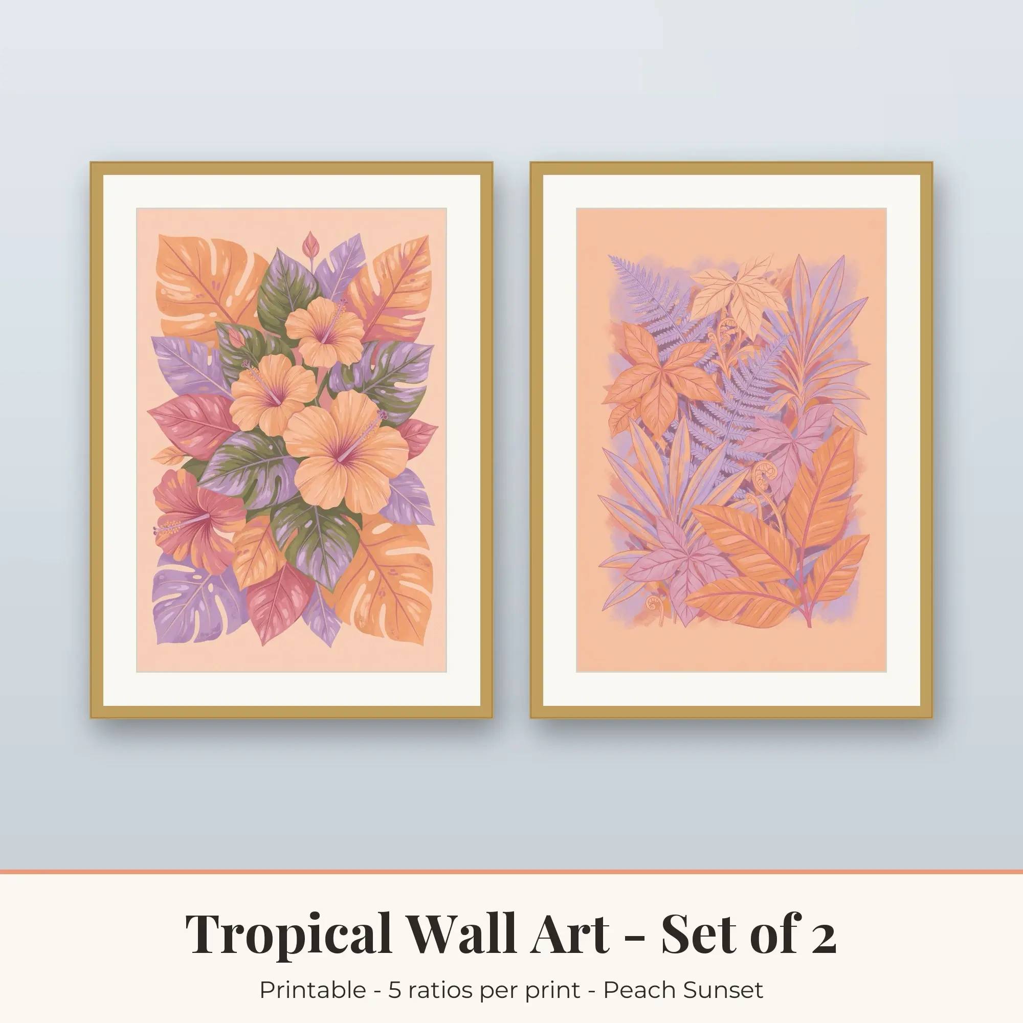 Hibiscus and Fern Jungle Wall Art Set of 2 | Tropical Digital Prints preview