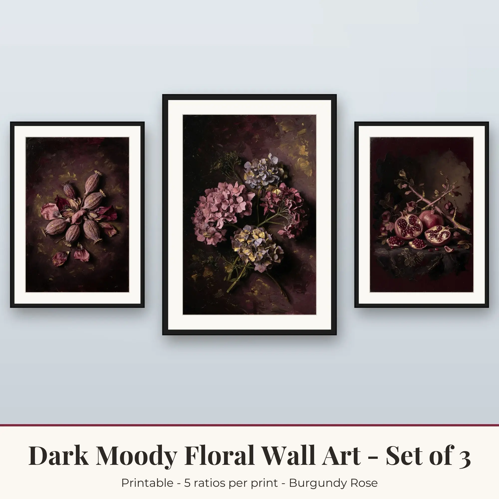 Dark Moody Floral Set of 3: Poppy Pods, Burgundy Rose preview