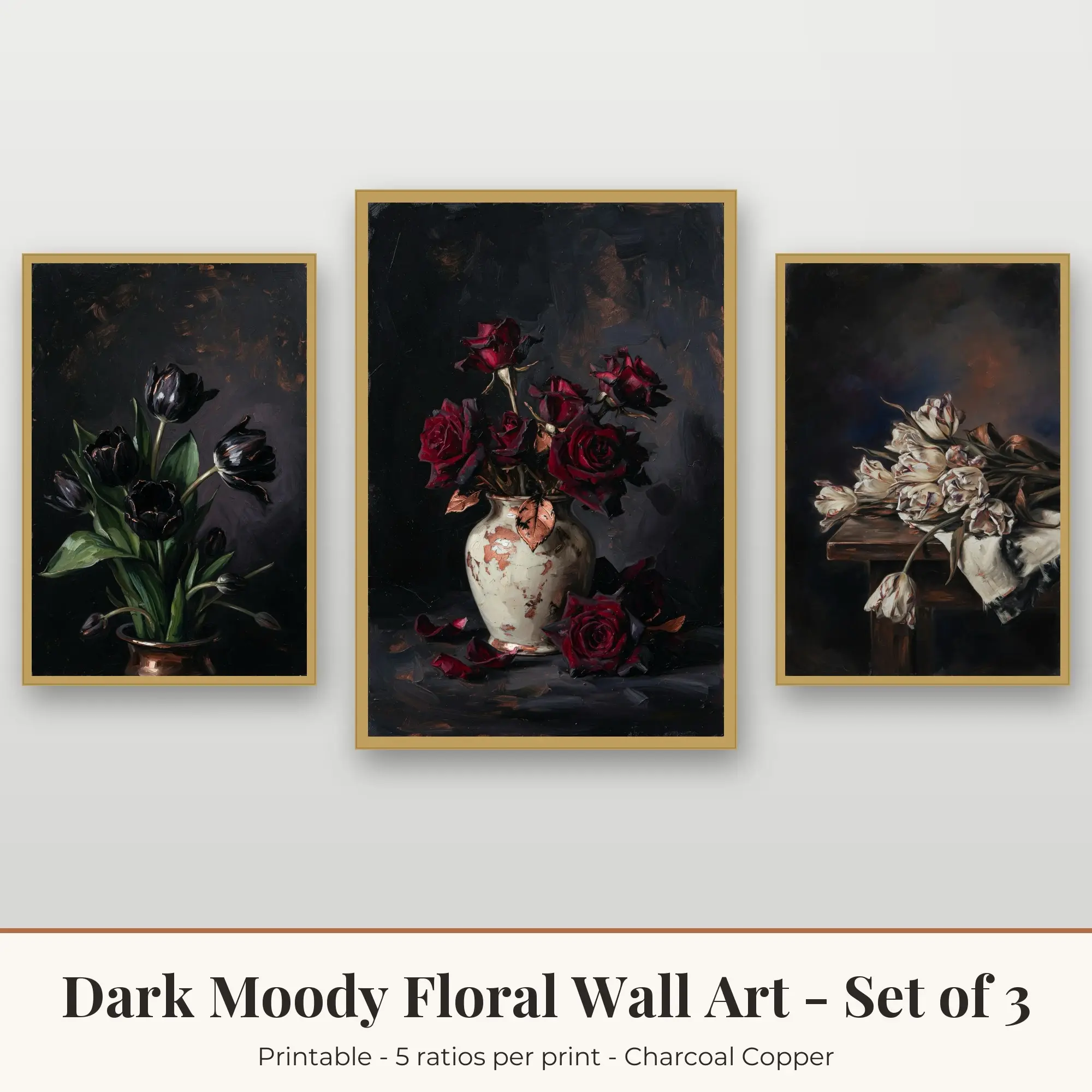 Dark Moody Floral Wall Art Set of 3: Dark Roses, Charcoal Copper preview