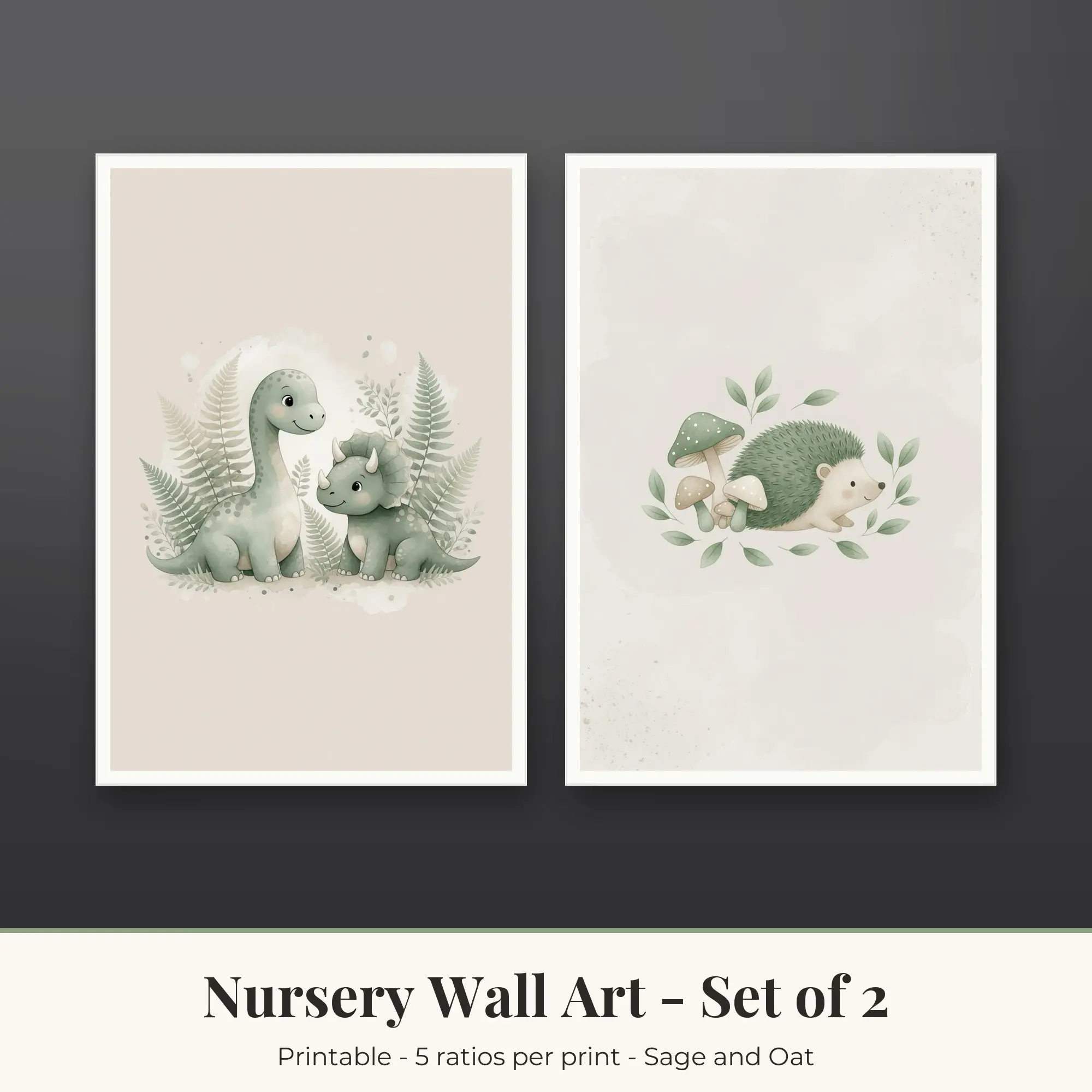 Nursery Wall Art Set of 2, Sage and Oat Dino Friends & Hedgehog preview