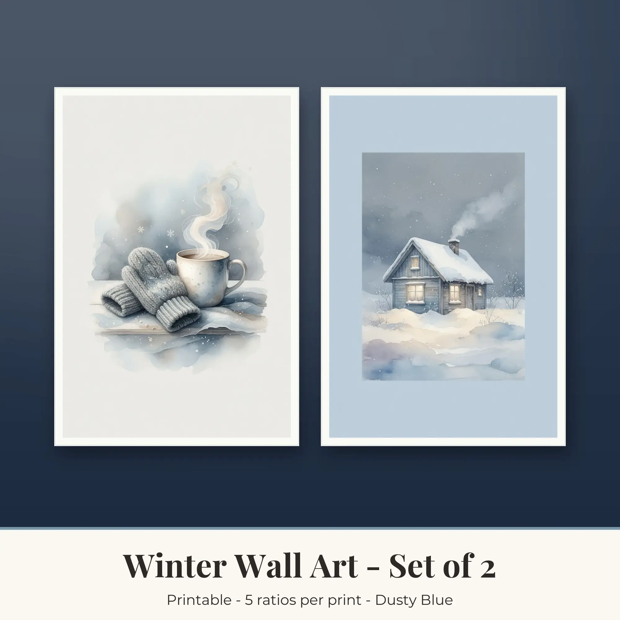 Winter Printable Art Set of 2: Mittens and Mug and Winter Cabin preview