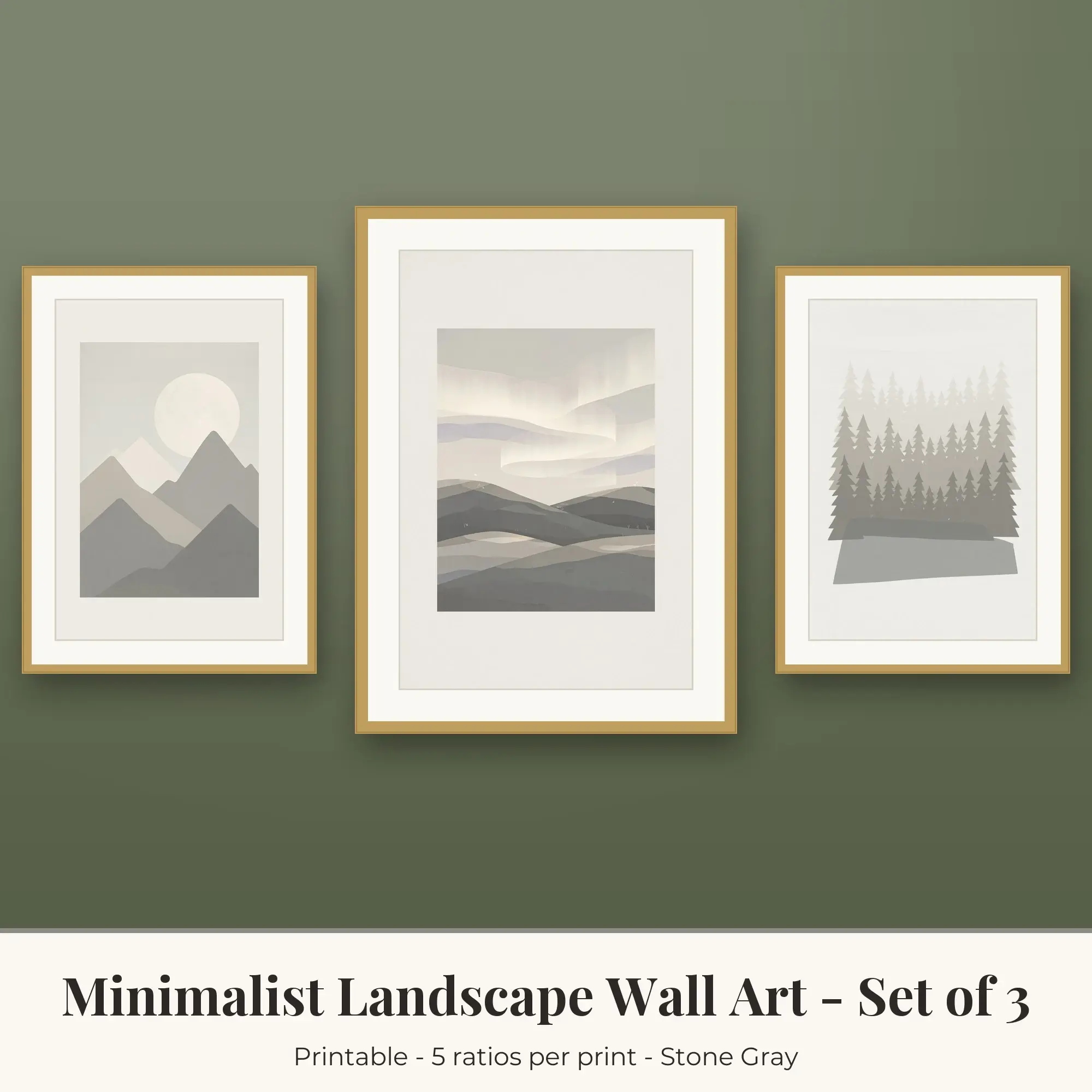 Moonlit Peaks Minimalist Landscape Set of 3 - Stone Gray preview