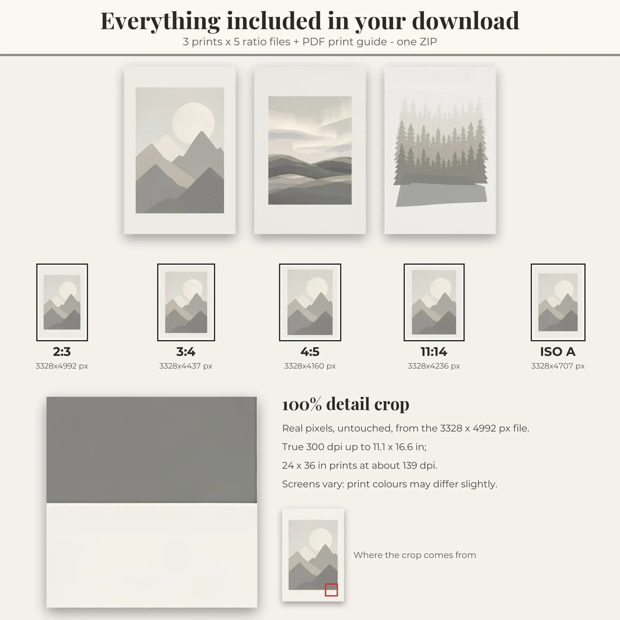 Moonlit Peaks Minimalist Landscape Set of 3 - Stone Gray, preview 2 of 2