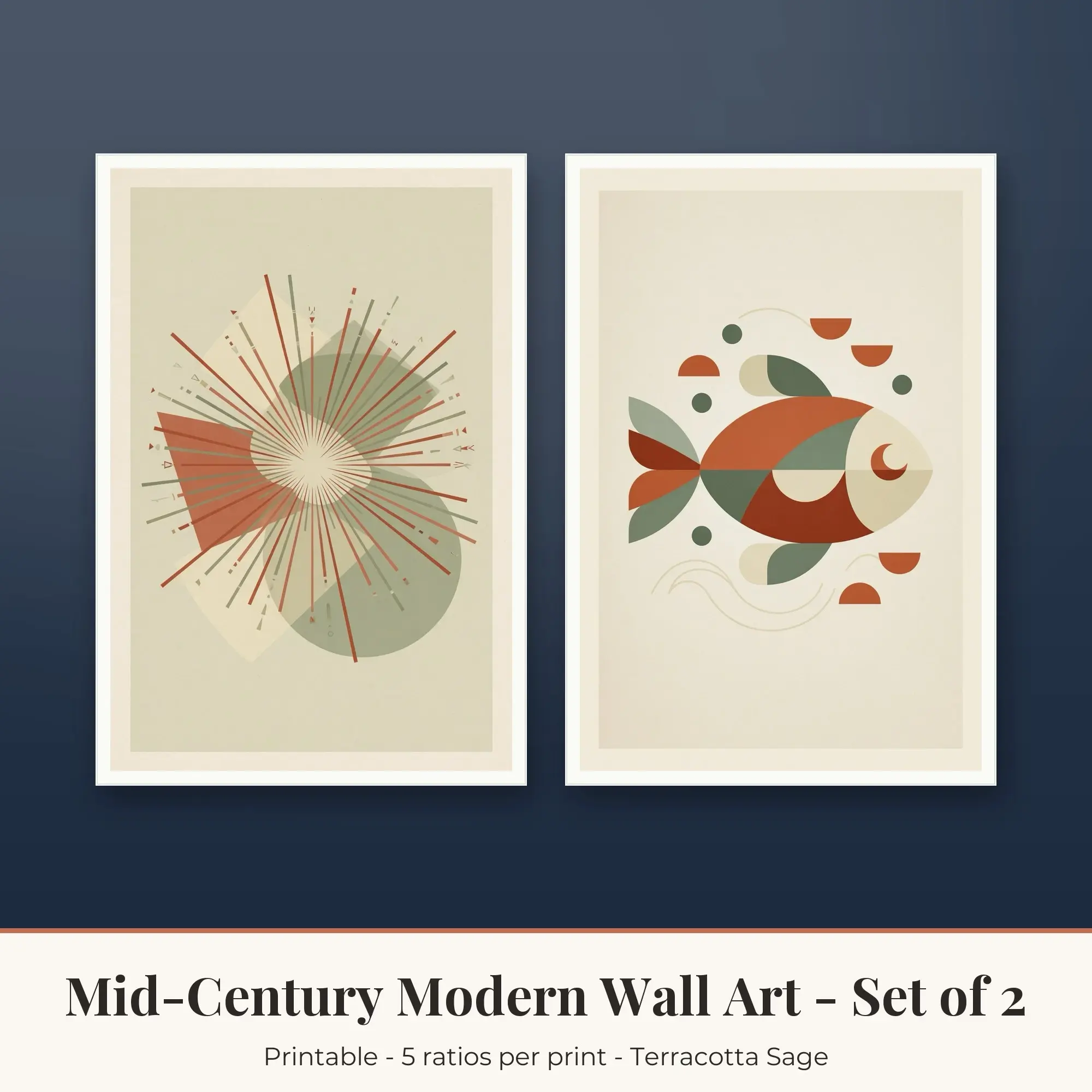 Mid-Century Modern Set of 2: Geometric Fish, Terracotta Sage preview