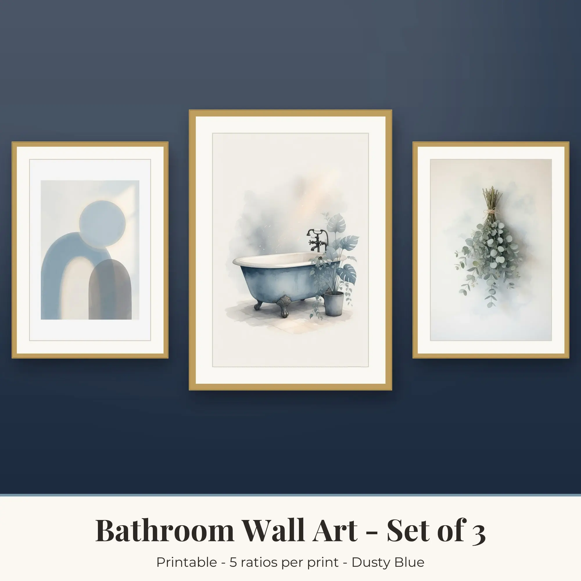Bathroom Wall Art Set of 3, Dusty Blue Soft Arches & Bath Tub preview