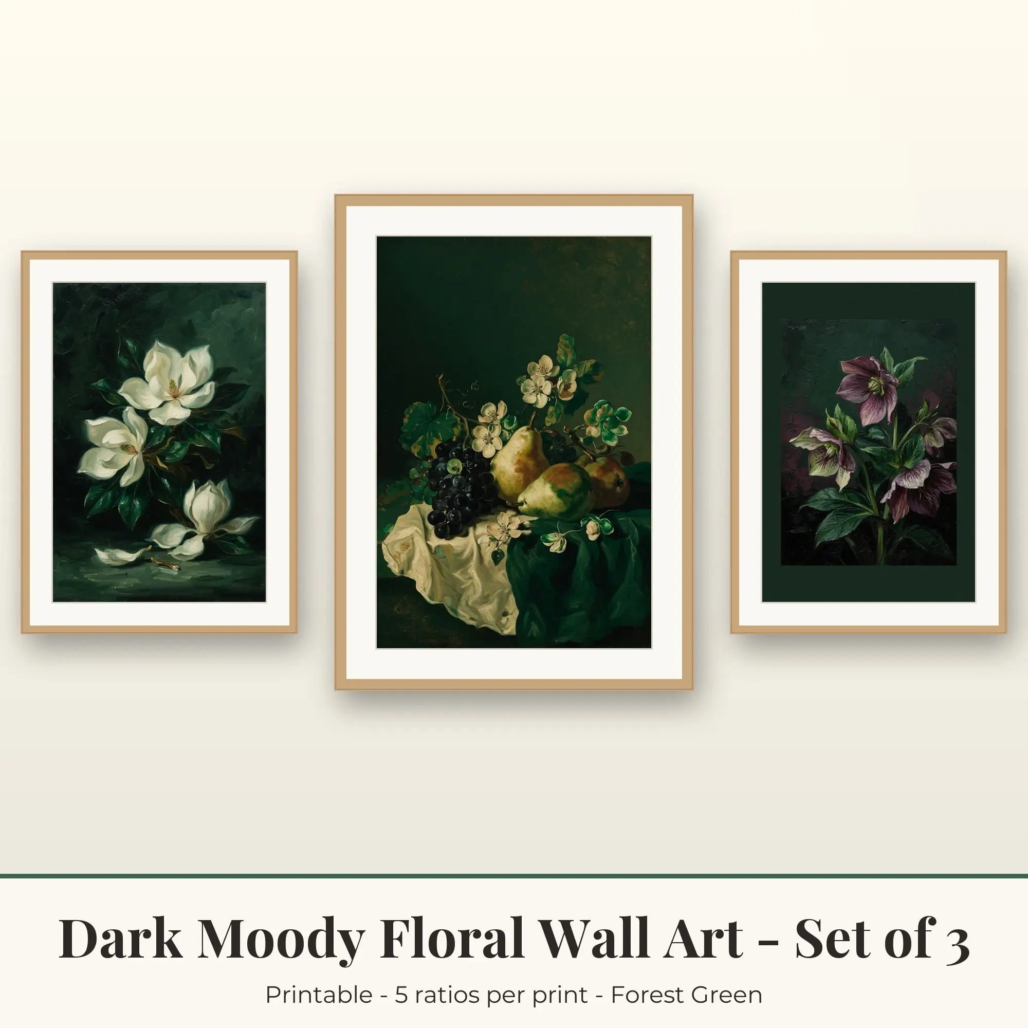 Dark Moody Floral Set of 3: Magnolia Night, Forest Green preview