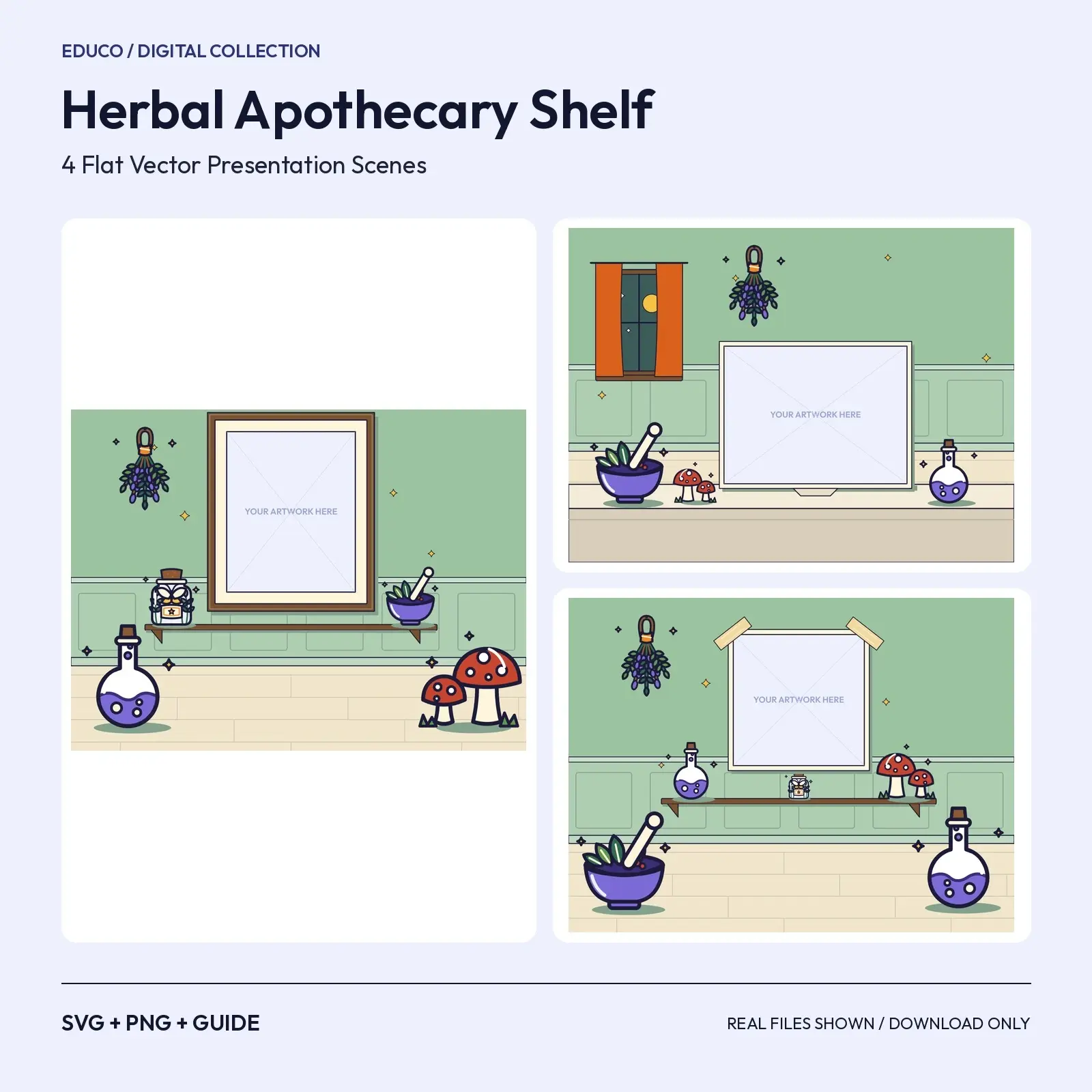 Herbal Apothecary Shelf – 4 Flat Vector Witchy Presentation Scenes preview