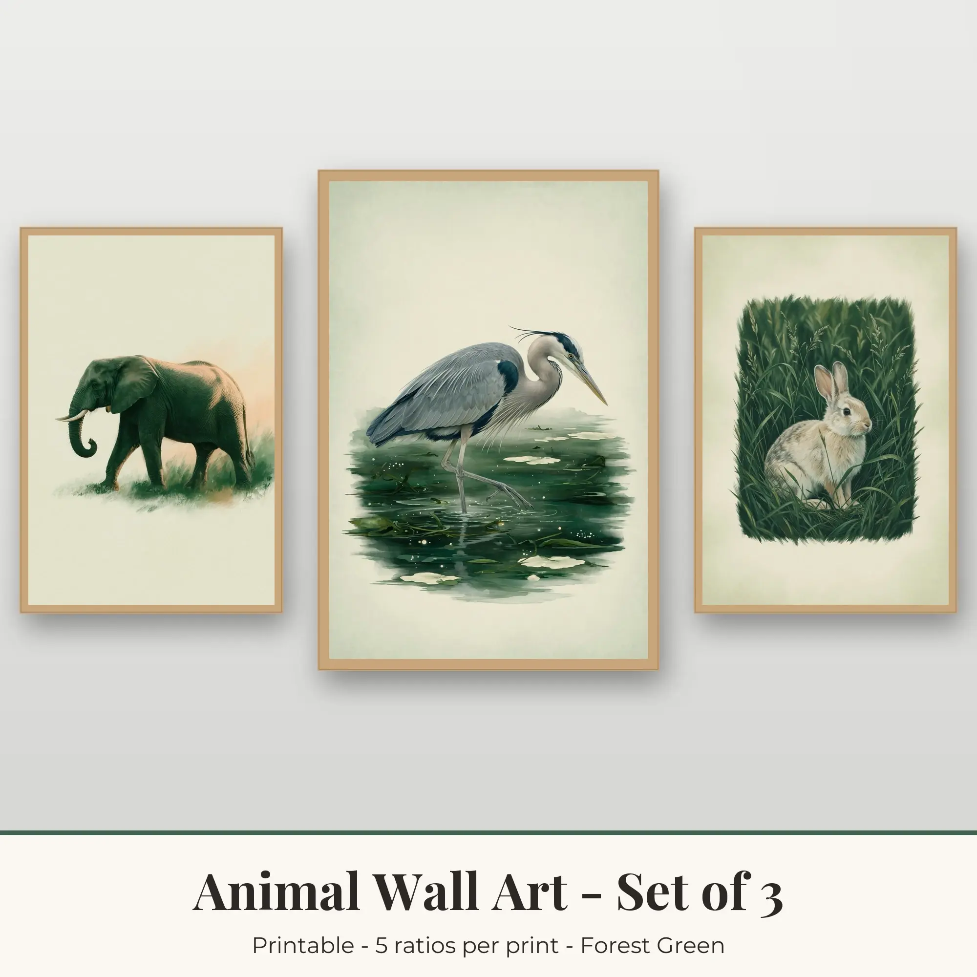 Animal Wall Art Set of 3, Elephant, Heron & Rabbit, Printable preview