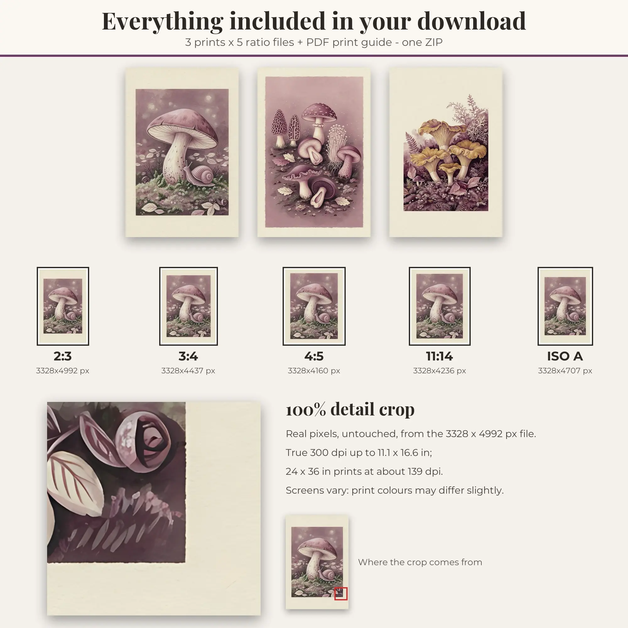 Mushroom Wall Art Set of 3, Plum Mauve Moss Cap & Mushroom Study, preview 2 of 2