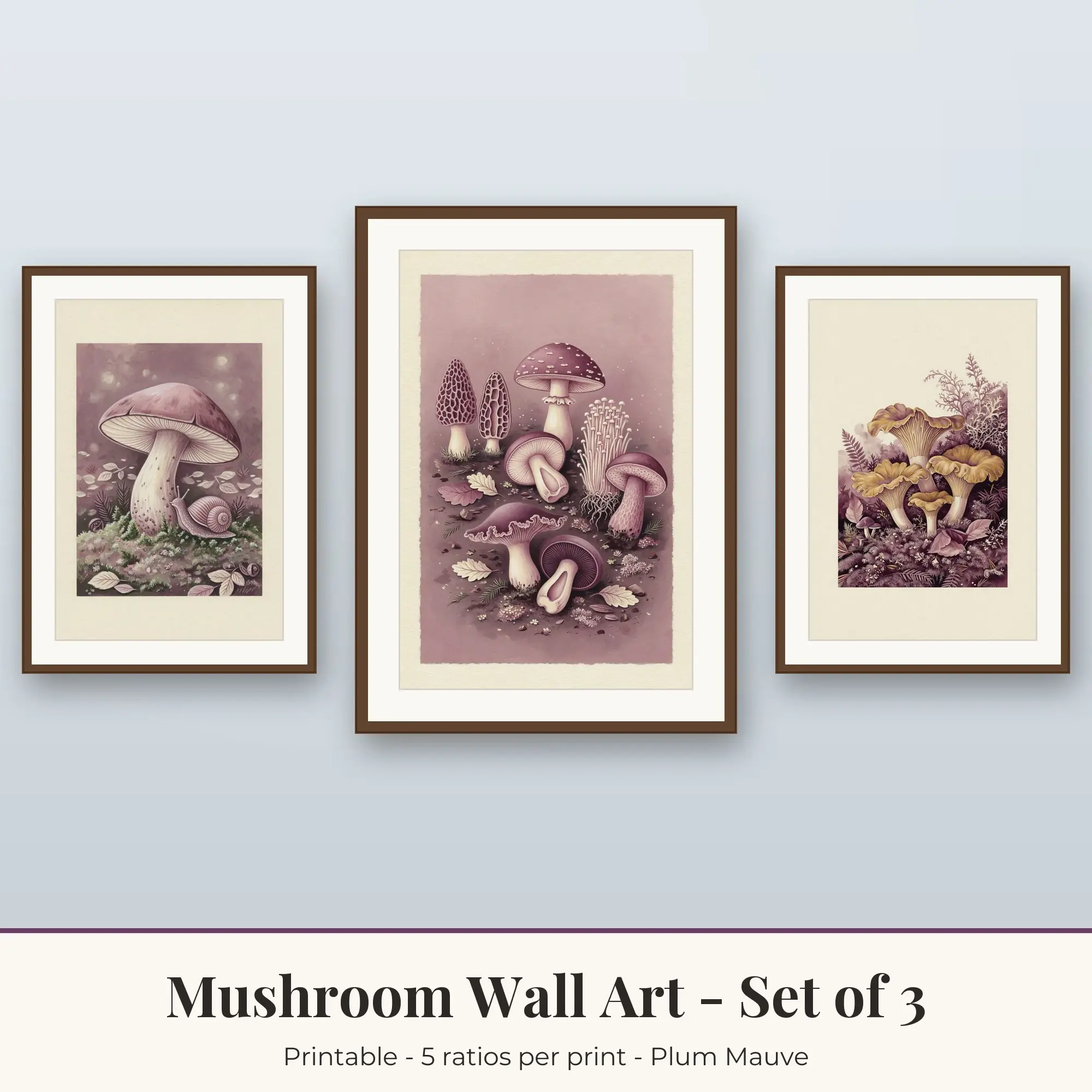 Mushroom Wall Art Set of 3, Plum Mauve Moss Cap & Mushroom Study preview
