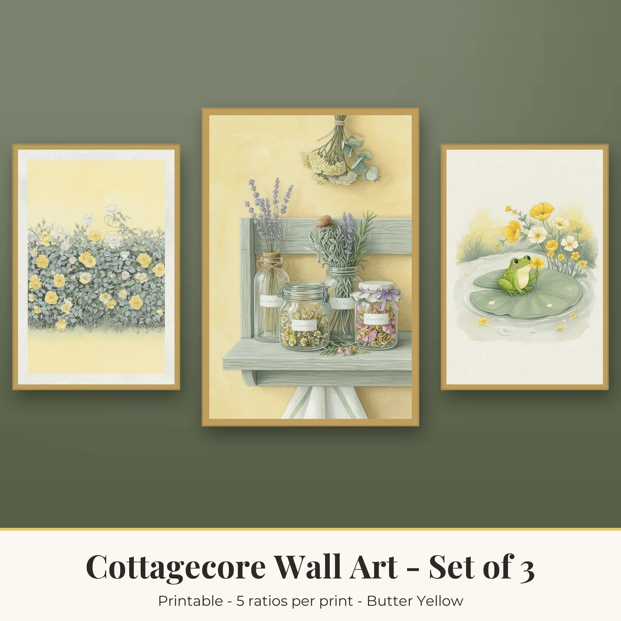 Cottagecore Wall Art Set of 3, Butter Yellow Hedge Roses & Herb Jars preview