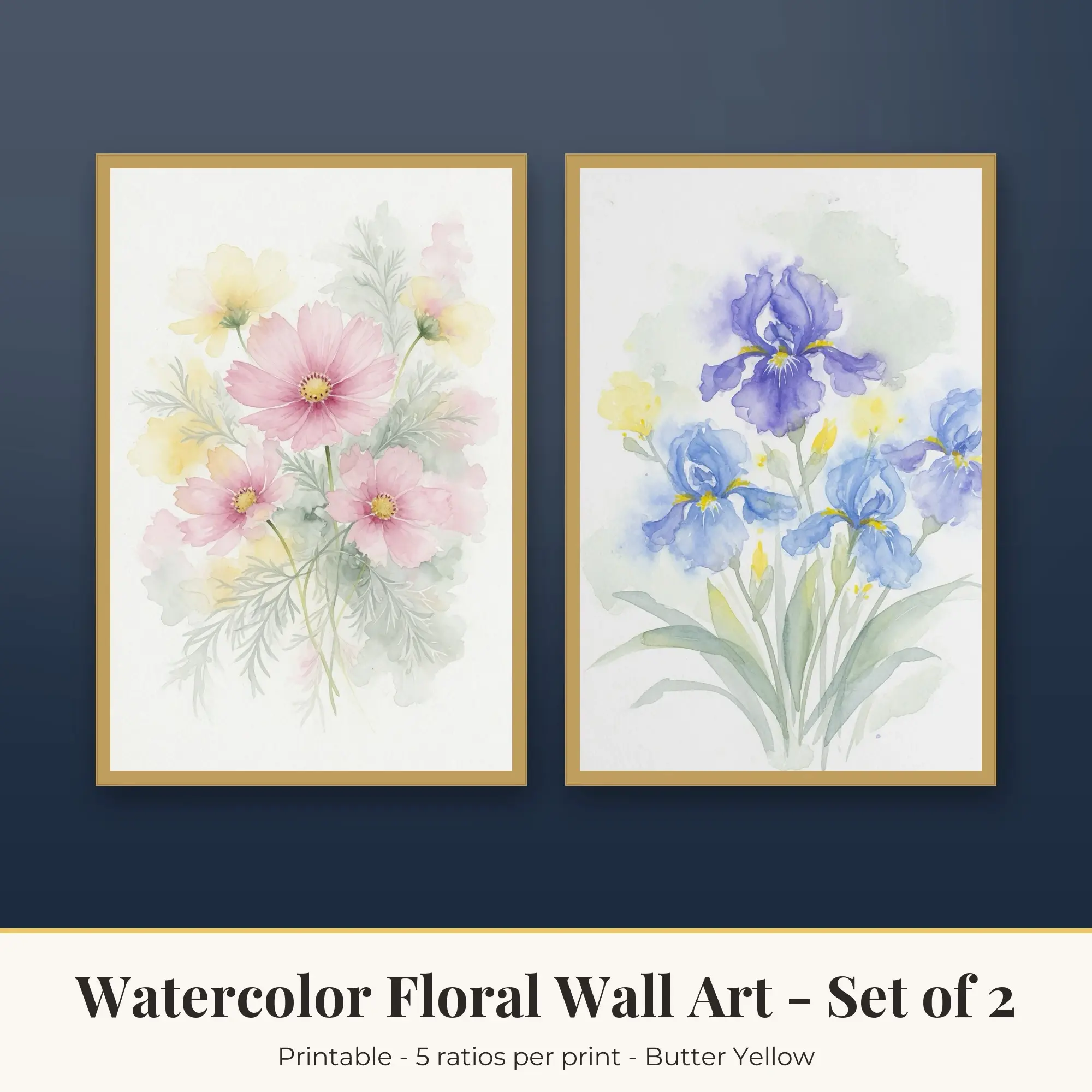 Cosmos and Iris Watercolor Floral Prints Set of 2, Printable Wall Art preview