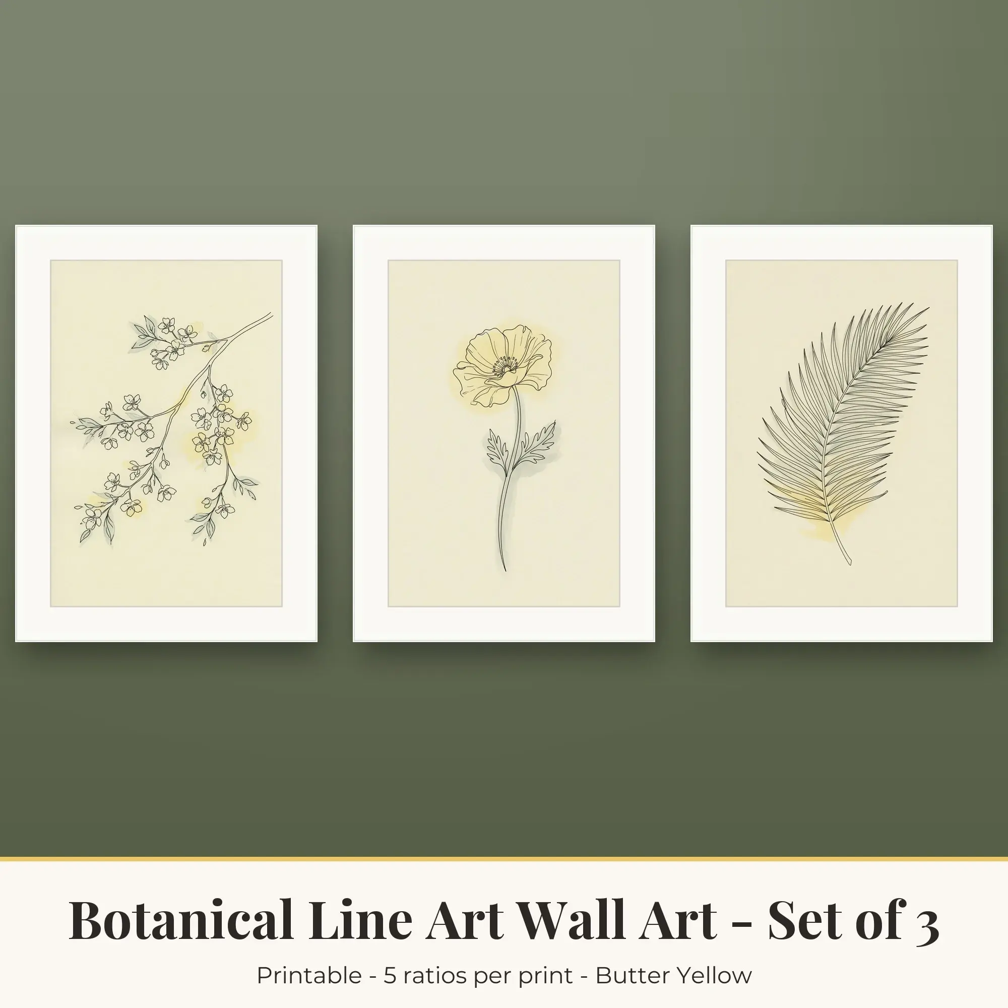 Botanical Line Art Wall Art Set of 3: Poppy, Butter Yellow preview