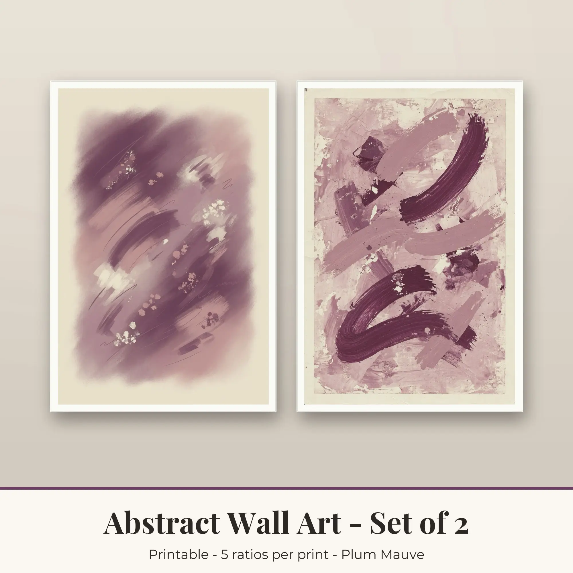 Abstract Wall Art Set of 2, Plum Mauve Soft Gradient & Brush Strokes preview