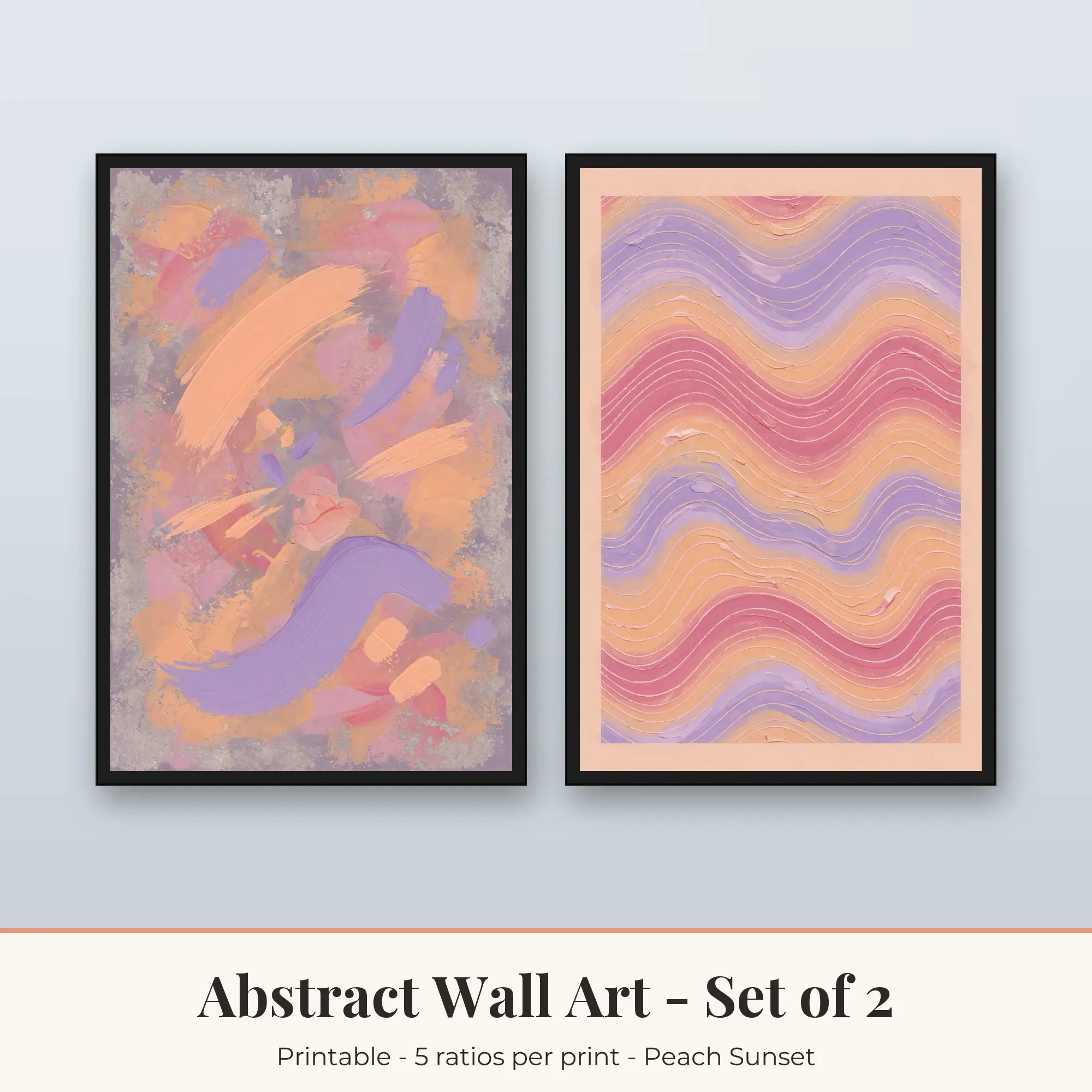 Abstract Wall Art Set of 2, Brush Strokes and Wave Lines, Printable preview
