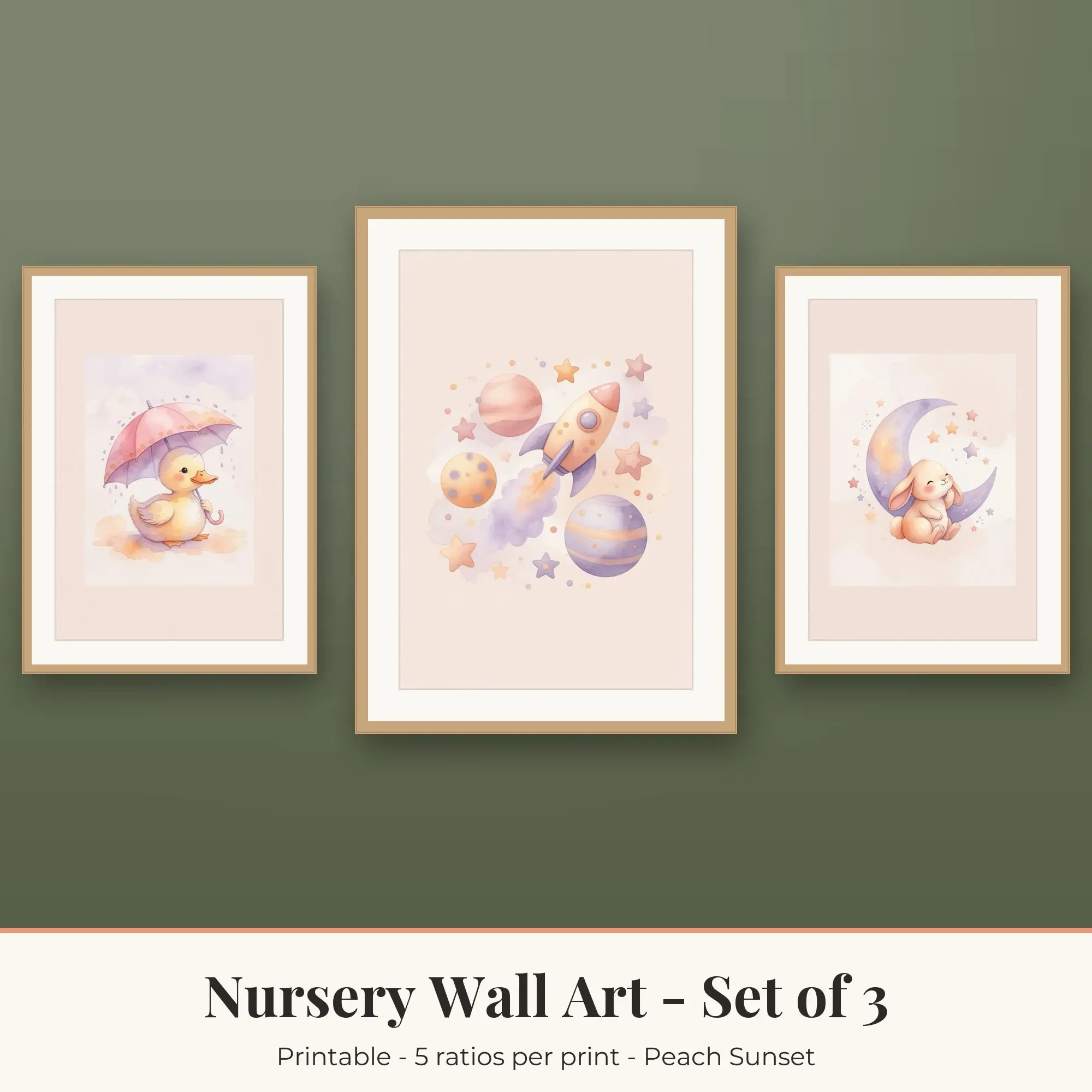 Nursery Wall Art Set of 3, Peach Sunset Little Duck & Space Rocket preview