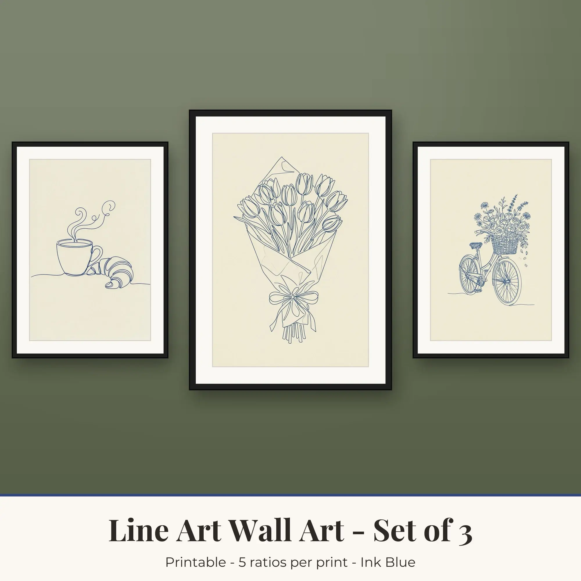 Line Art Wall Art Set of 3, Ink Blue Coffee Cup & Tulip Bunch preview