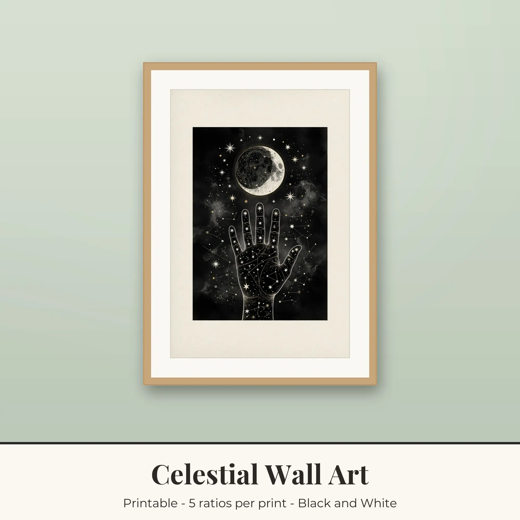 Celestial Wall Art Print, Black and White Cosmic Hand preview