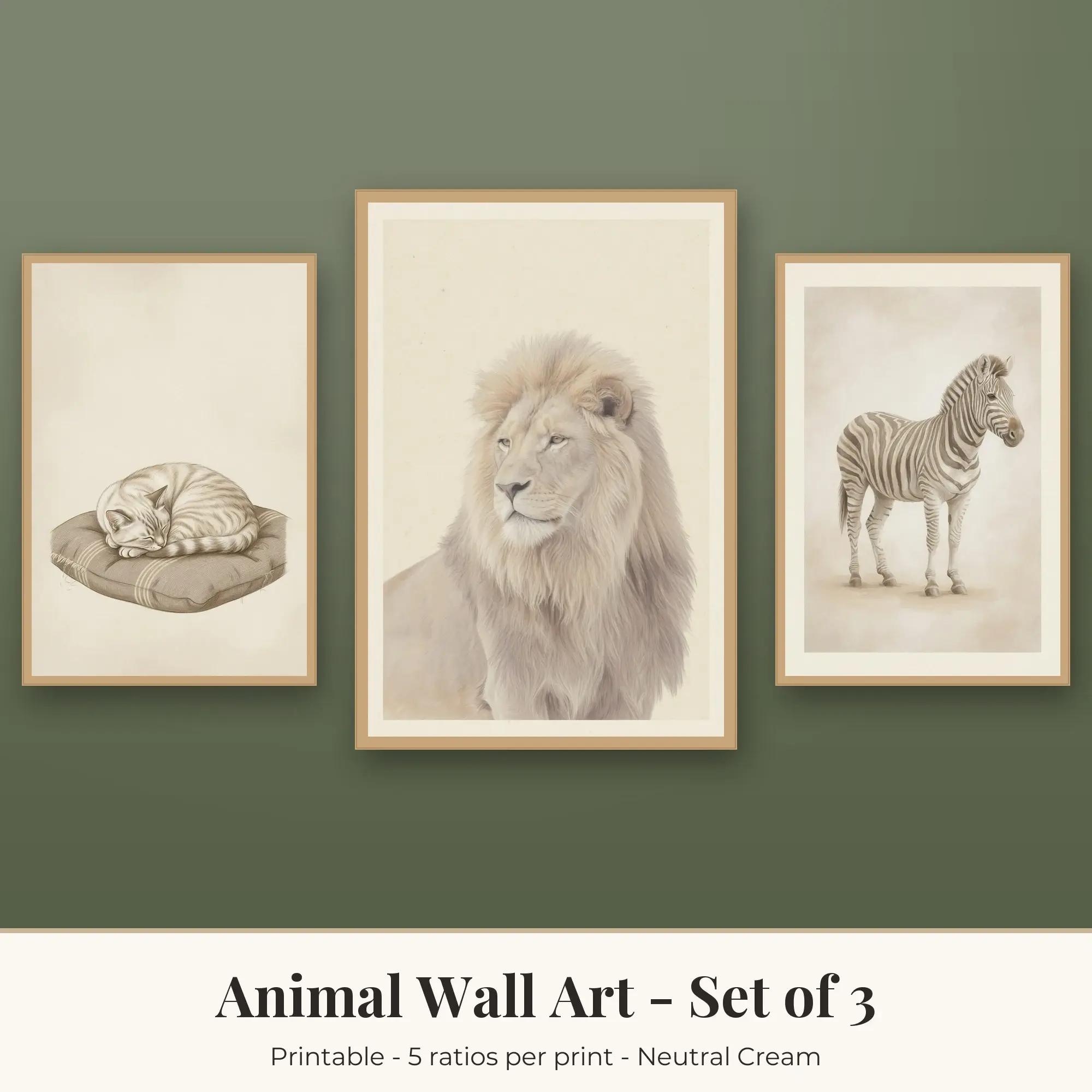 Animal Wall Art Set of 3, Sleeping Cat, Lion & Zebra, Printable preview
