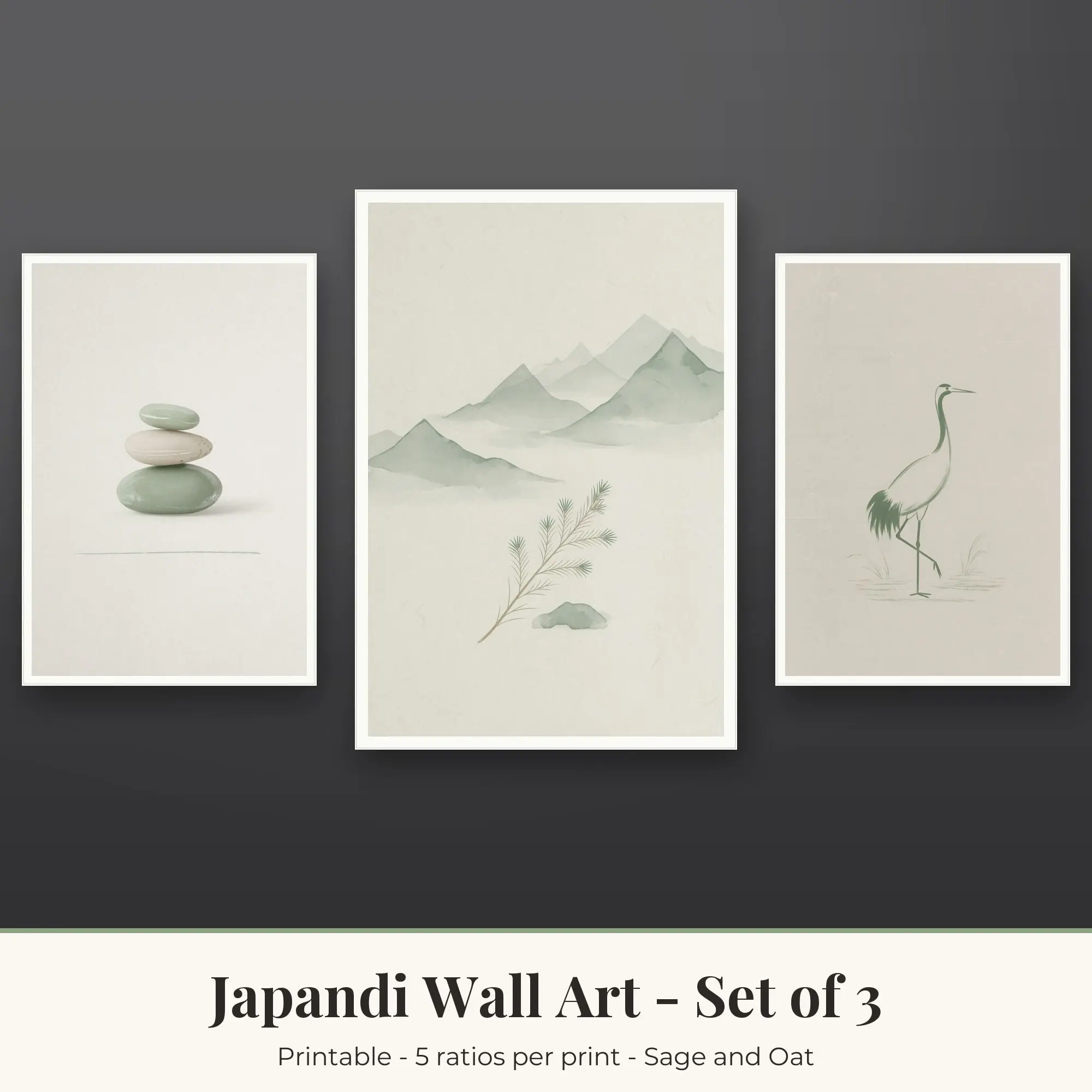 Japandi Wall Art Set of 3, Sage and Oat Stone Balance & Mountain Mist preview