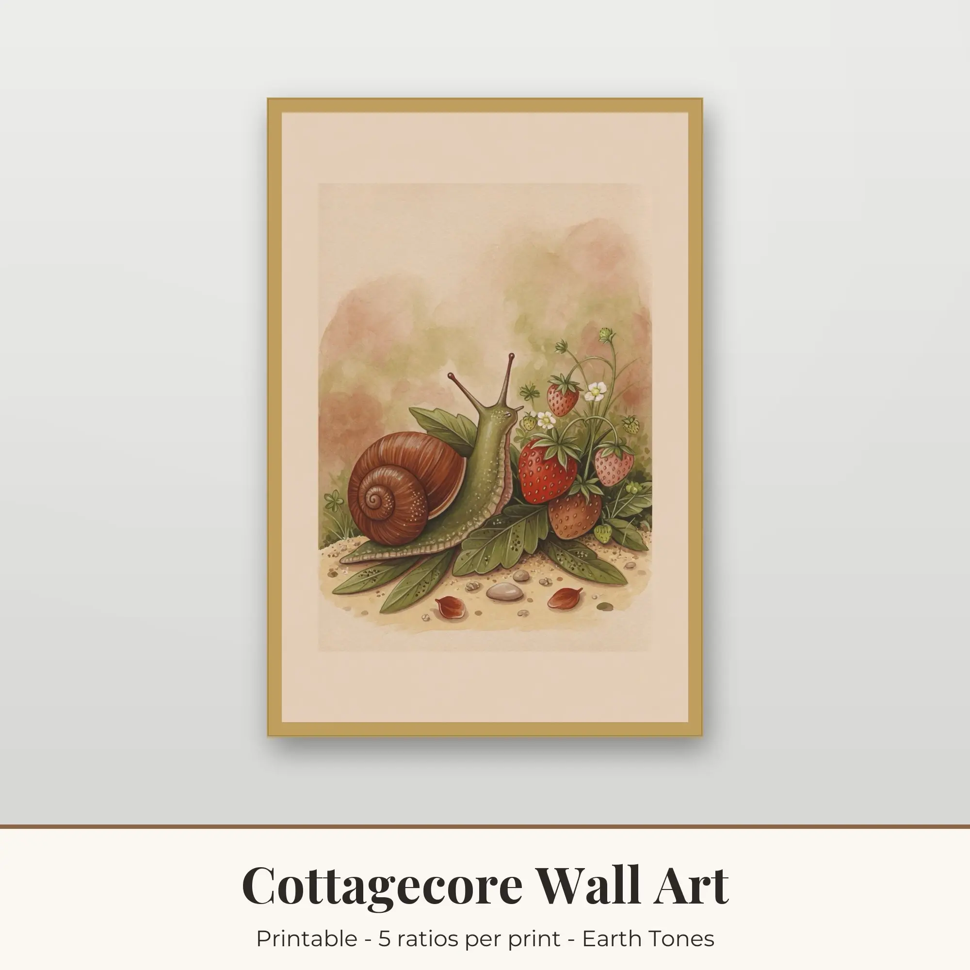 Snail and Strawberries Wall Art Print | Cottagecore Digital Prints, preview 1 of 2