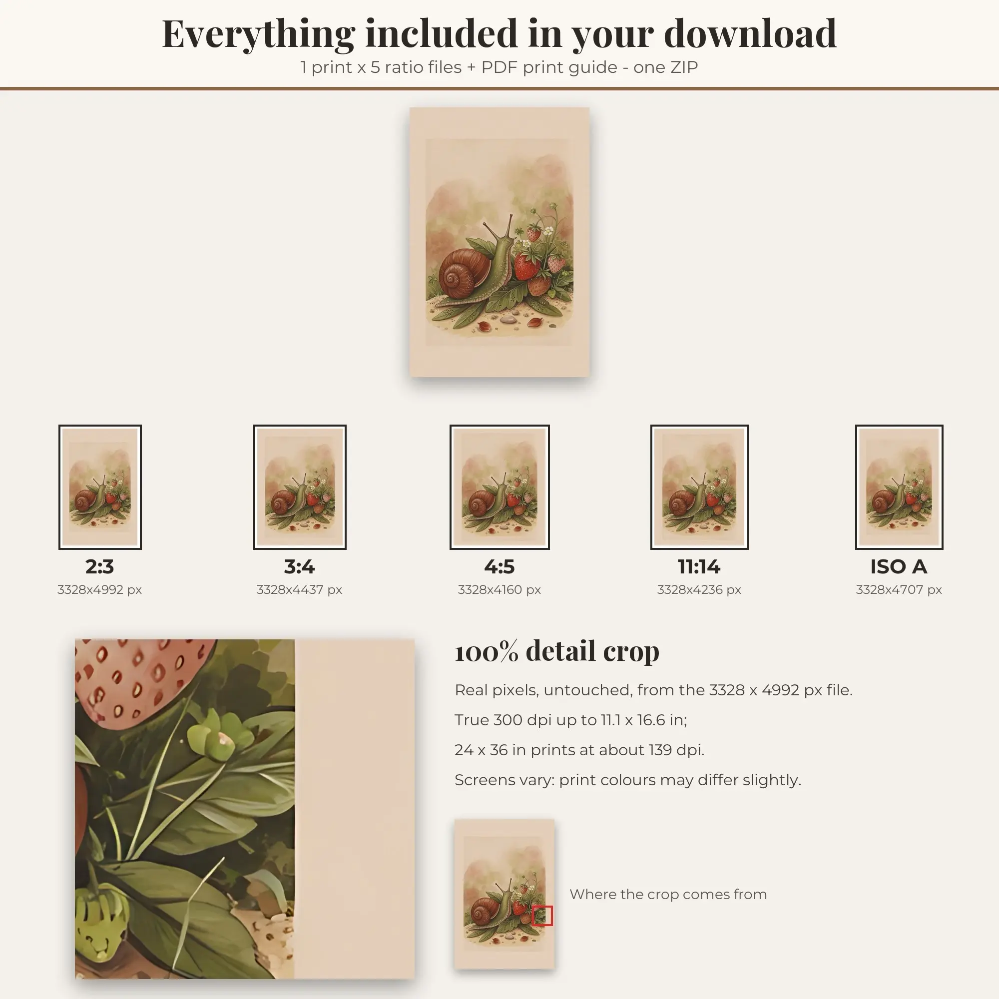Snail and Strawberries Wall Art Print | Cottagecore Digital Prints, preview 2 of 2