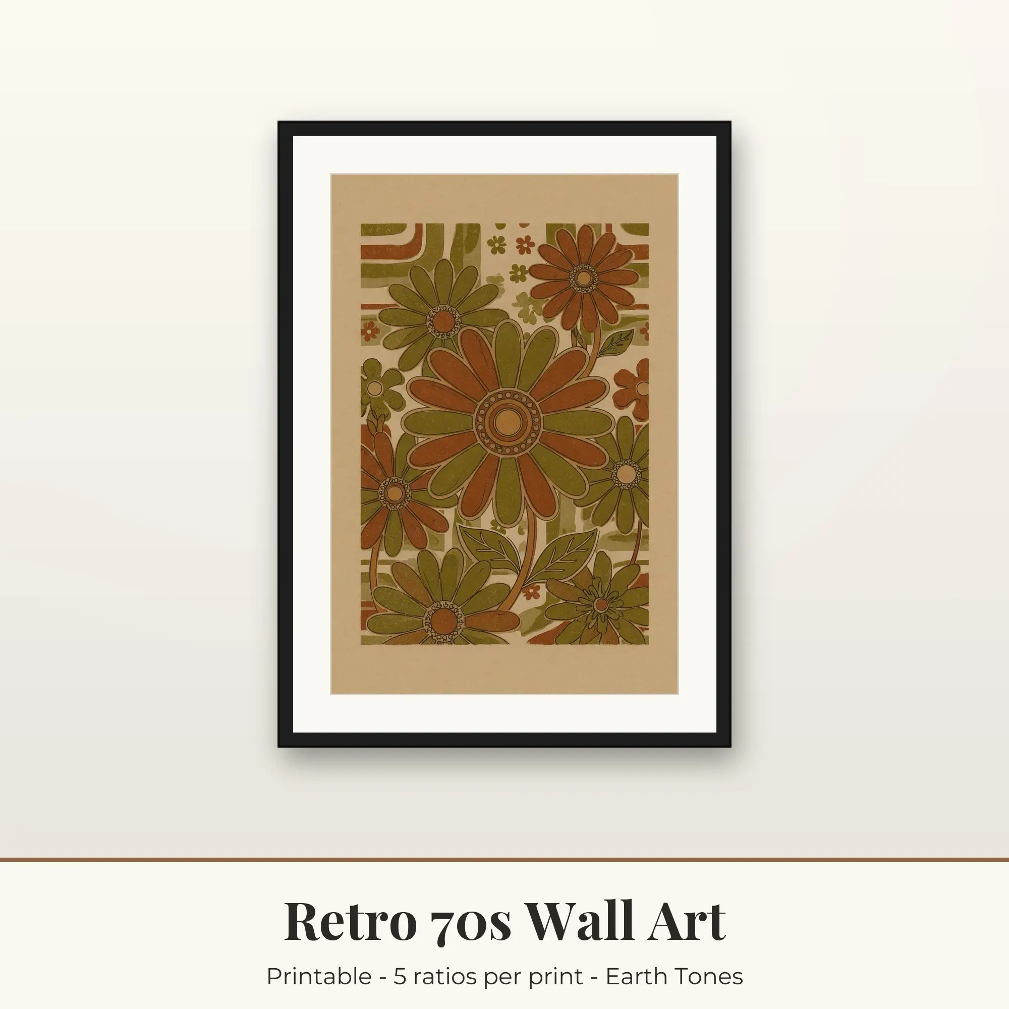 Retro 70s Wall Art Print, Groovy Flowers, Printable preview