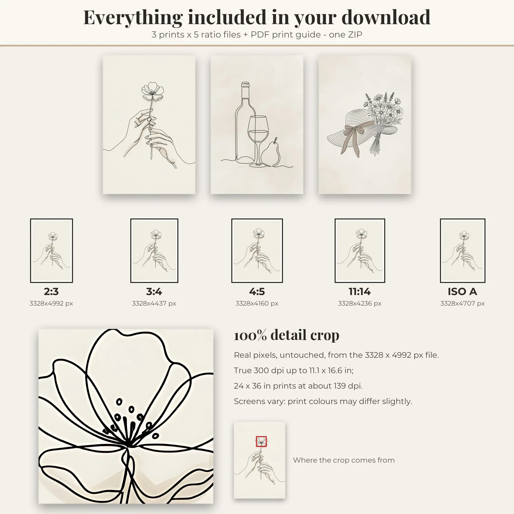 Wine and Fruit Line Art Set of 3 - Neutral Cream, preview 2 of 2