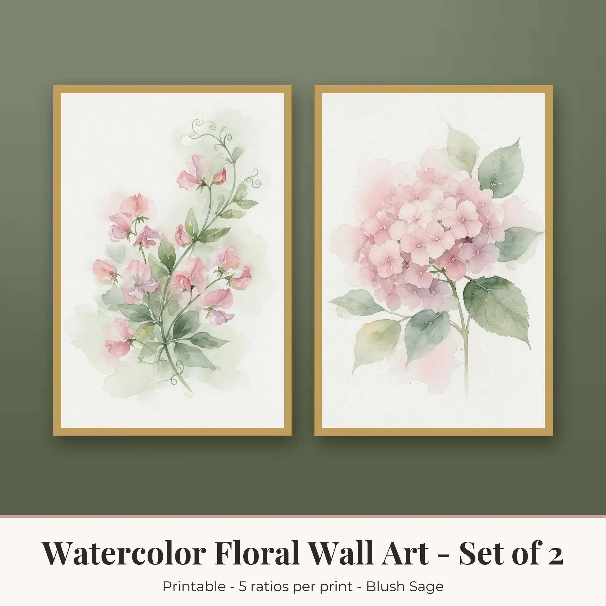 Watercolor Floral Printable Art Set of 2: Sweet Peas and Hydrangea preview