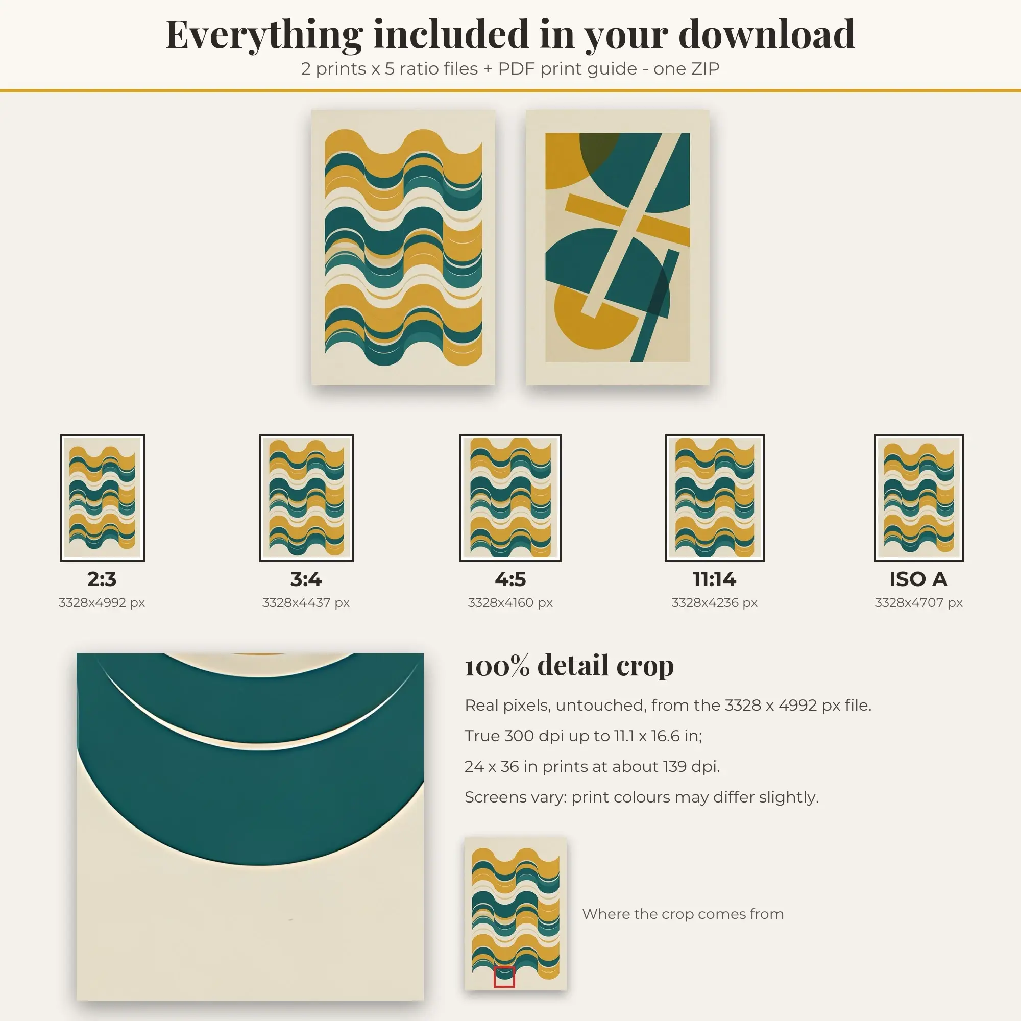 Mid-Century Modern Printable Art Set of 2: Mod Waves and Half Moon, preview 2 of 2