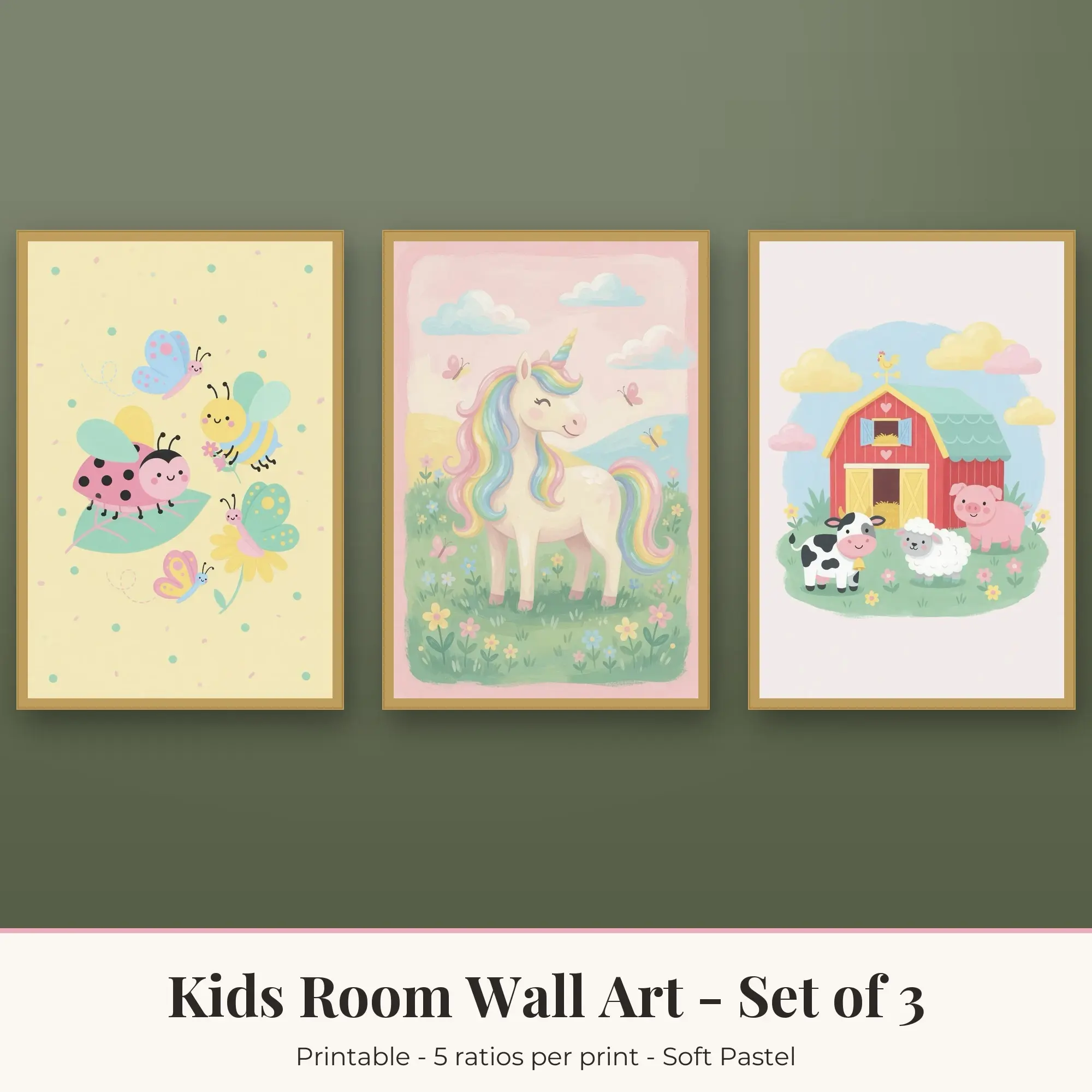Kids Room Wall Art Set of 3: Unicorn Meadow, Soft Pastel preview