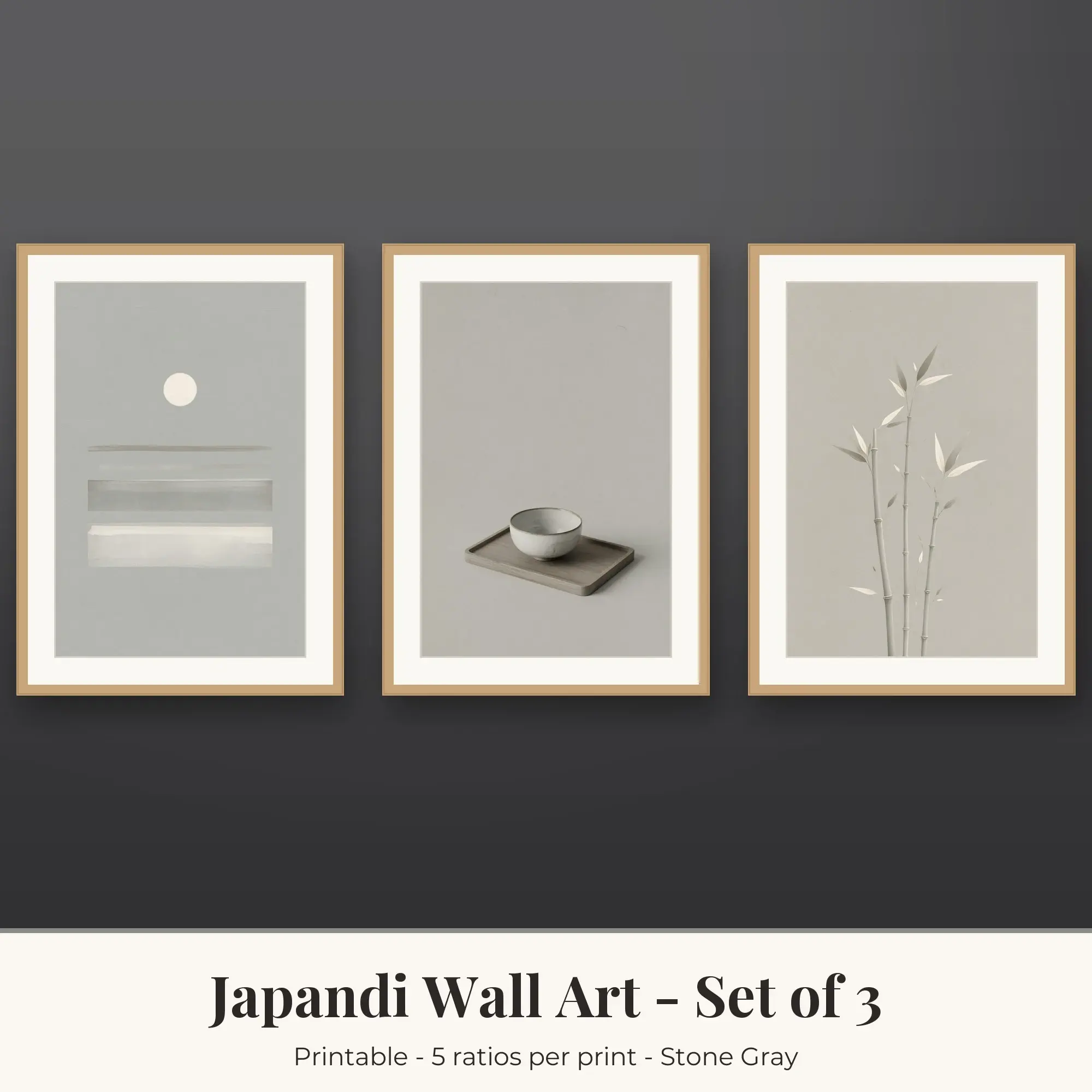Japandi Wall Art Set of 3 - Rising Sun, Tea Bowl & Bamboo - Stone Gray preview