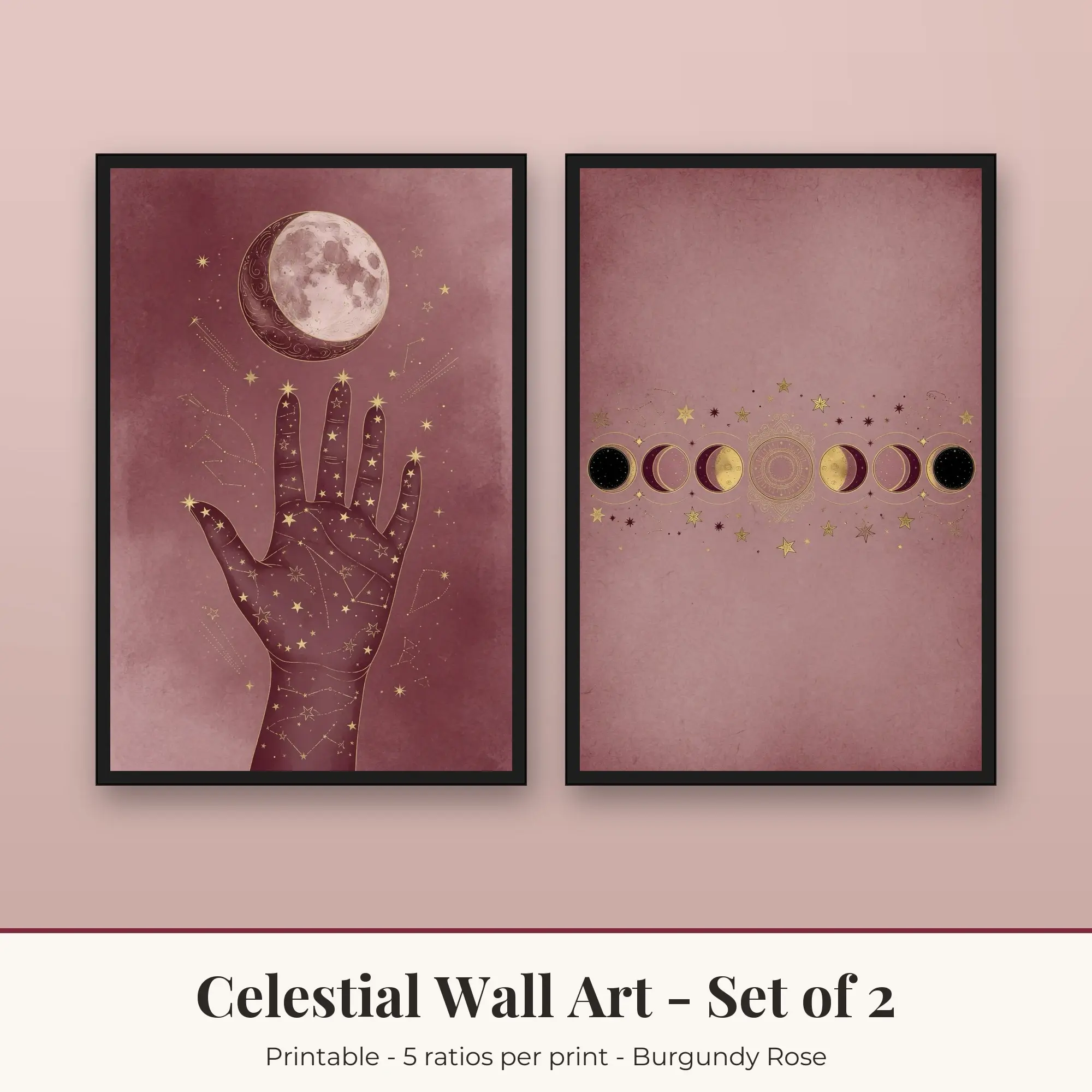 Celestial Wall Art Set of 2, Cosmic Hand and Moon Phases, Printable preview