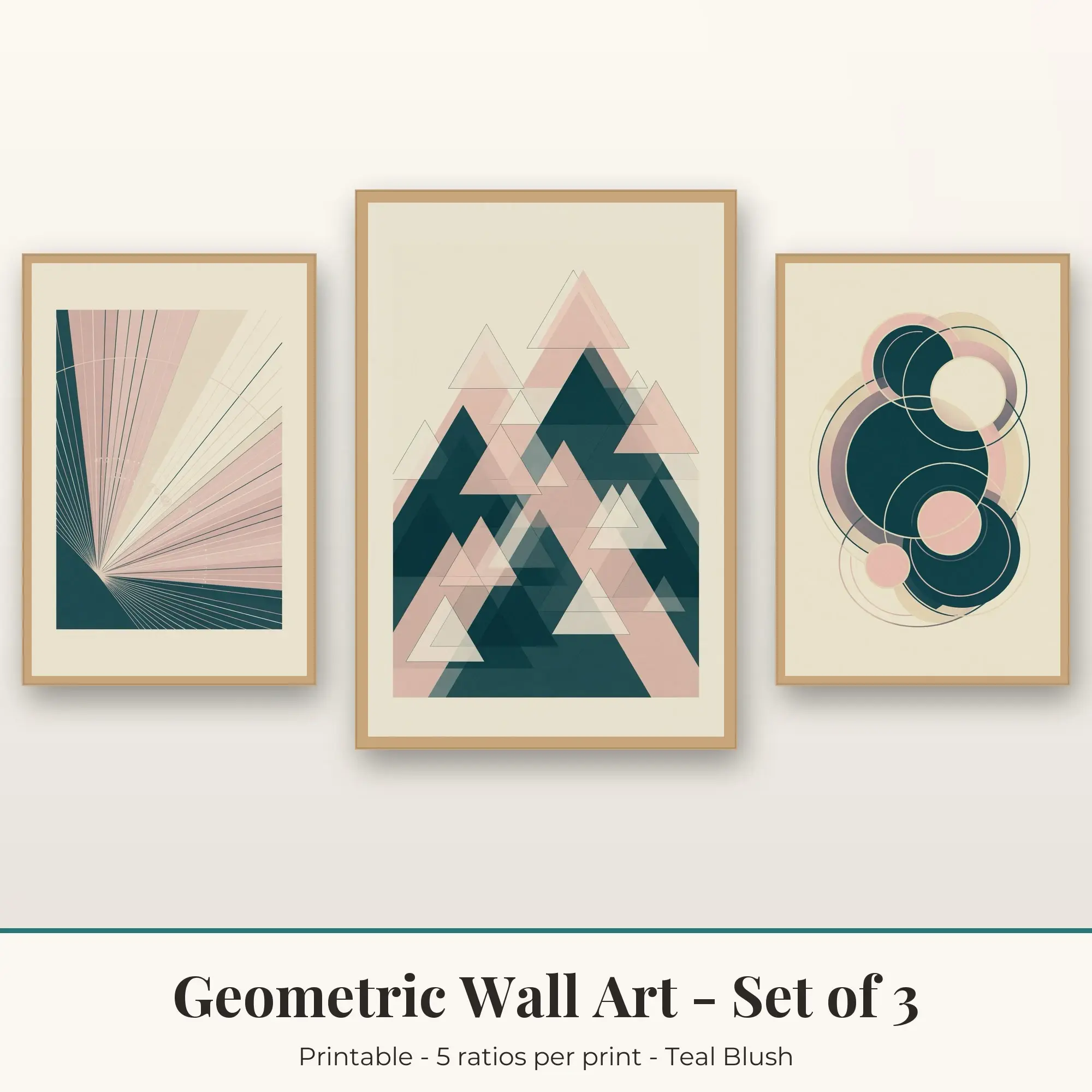 Geometric Wall Art Set of 3, Teal Blush Radial Lines & Triangles preview