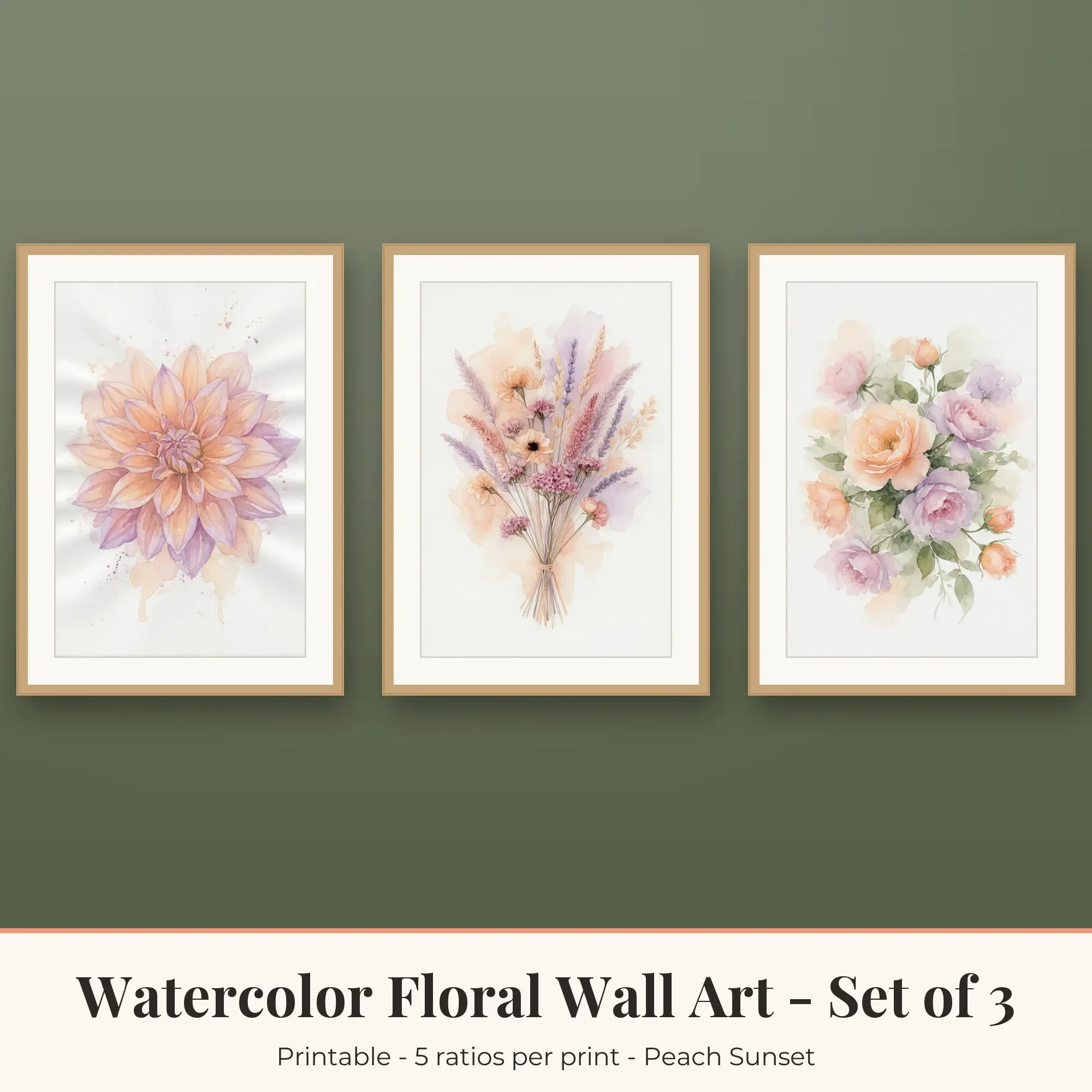 Garden Roses Watercolor Floral Set of 3 - Peach Sunset preview